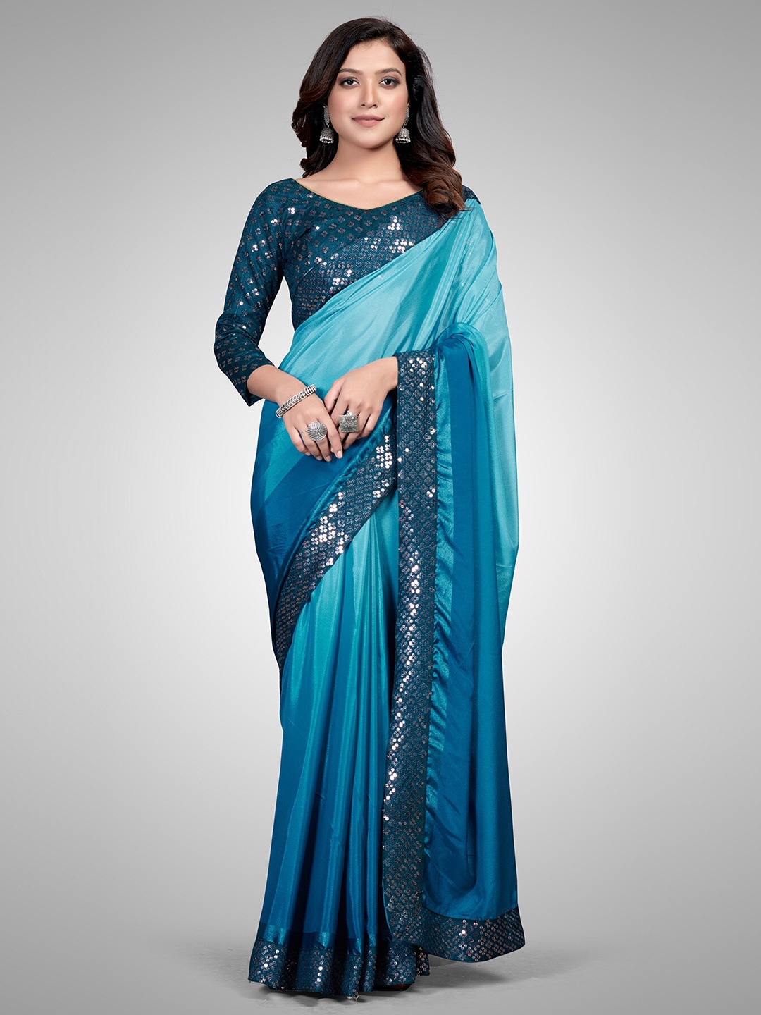 

Mitera Turquoise Blue Ombre Sequinned Silk Blend Saree