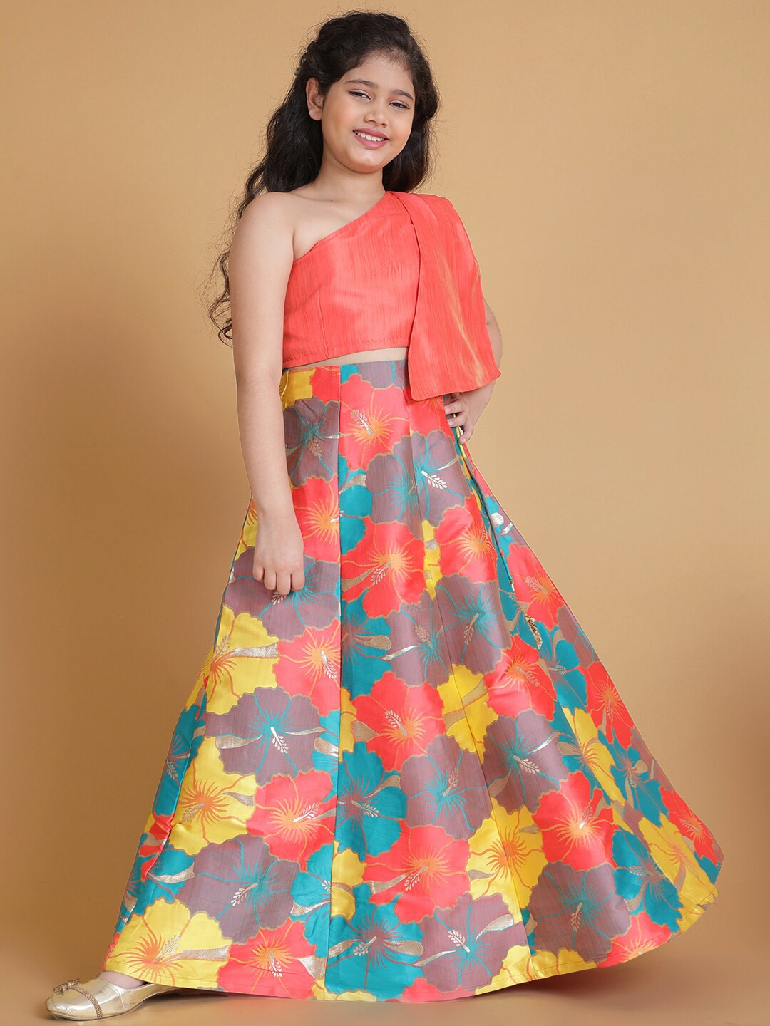 

titliyan Girls Coral & Yellow Floral Jacquard Woven Design Ready To Wear Lehenga & Blouse
