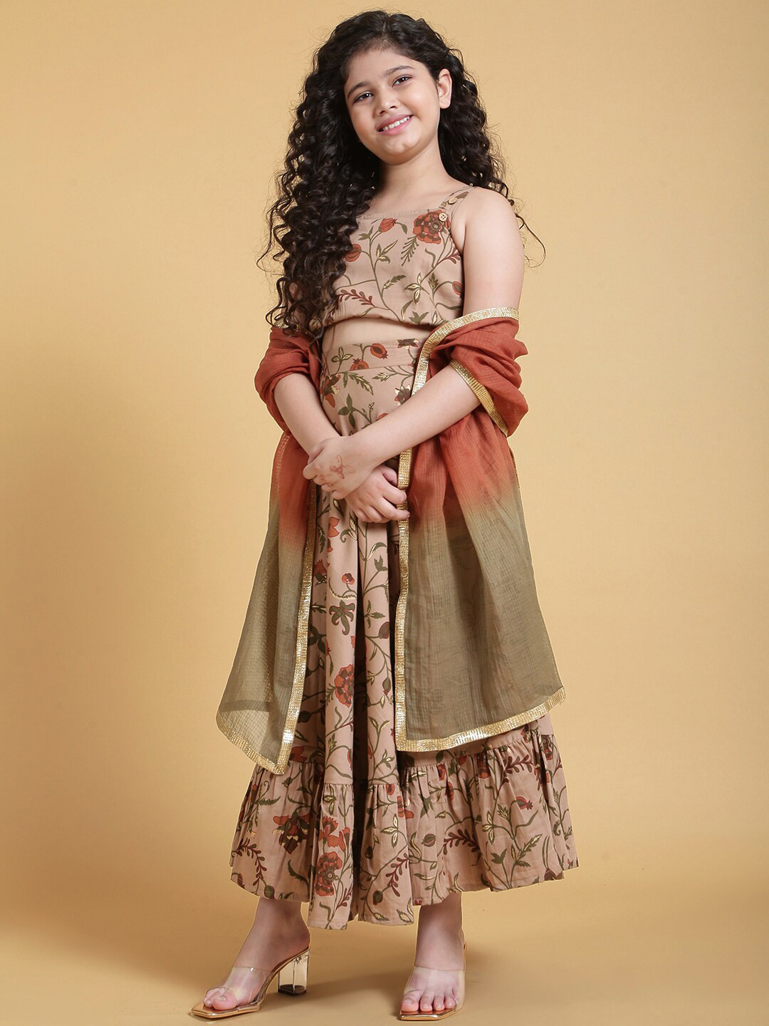 

titliyan Girls Brown & Olive Green Printed Ready to Wear Lehenga & Blouse With Dupatta