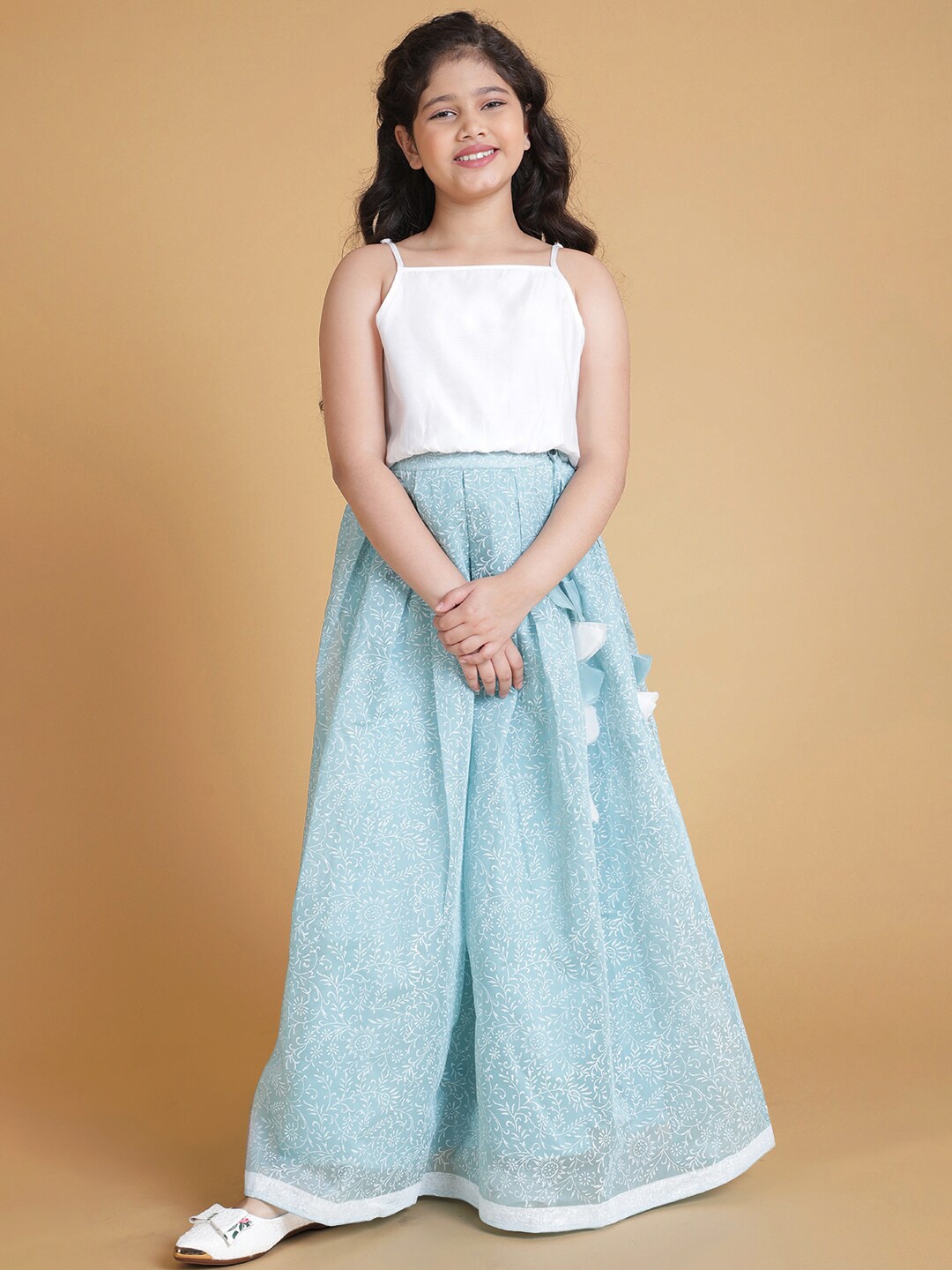 

titliyan Girls Blue & White Hand Block Printed Ready to Wear Lehenga & Choli