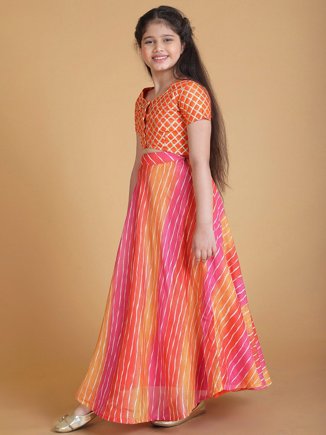 

titliyan Girls Orange & Pink Ready to Wear Lehenga & Blouse With Dupatta