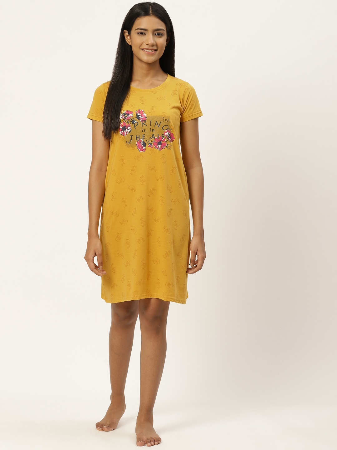 

BROOWL Mustard Yellow Printed Cotton Nightdress