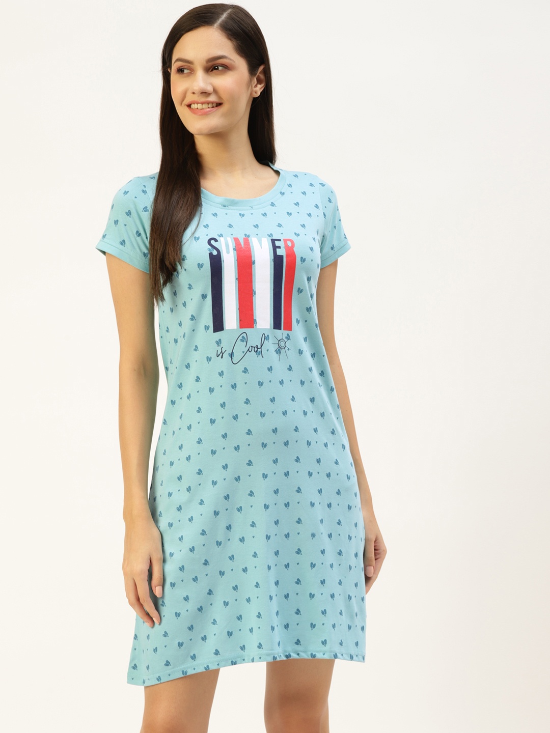 

BROOWL Turquoise Blue Printed Cotton Nightdress
