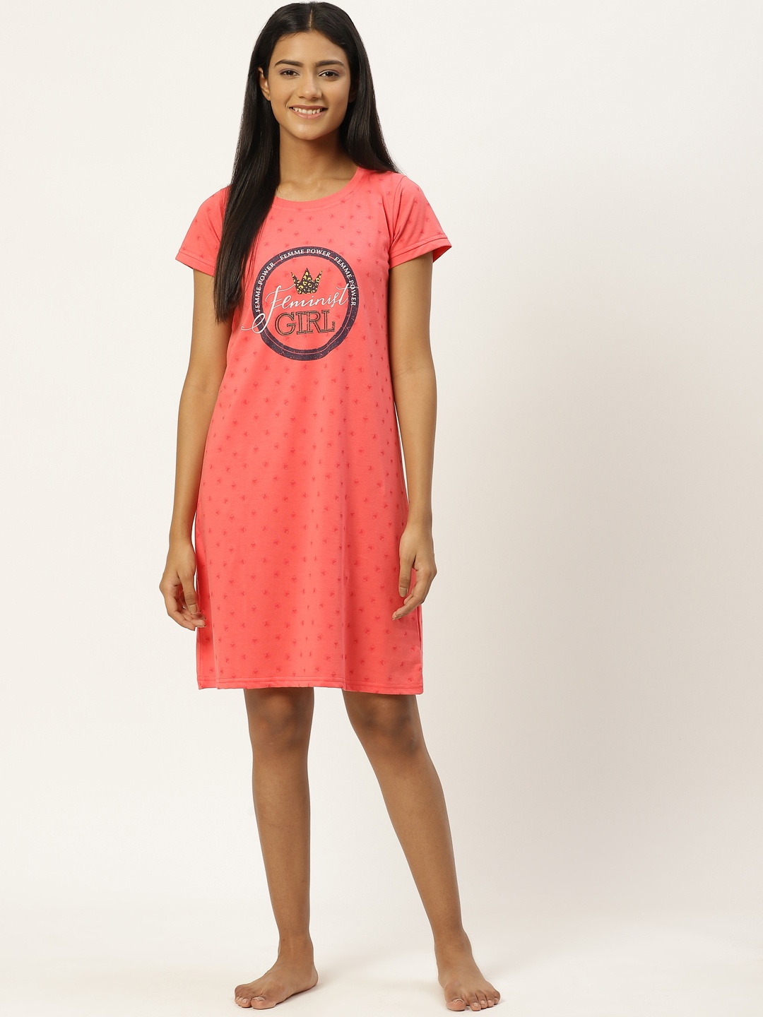 

BROOWL Peach-Coloured Printed Cotton Nightdress