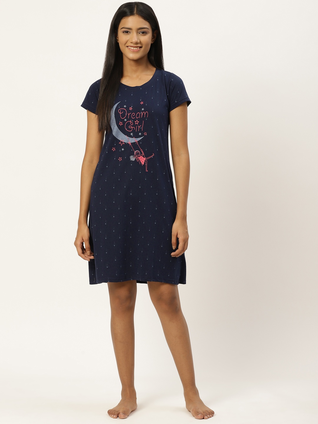 

BROOWL Navy Blue Printed Cotton Nightdress