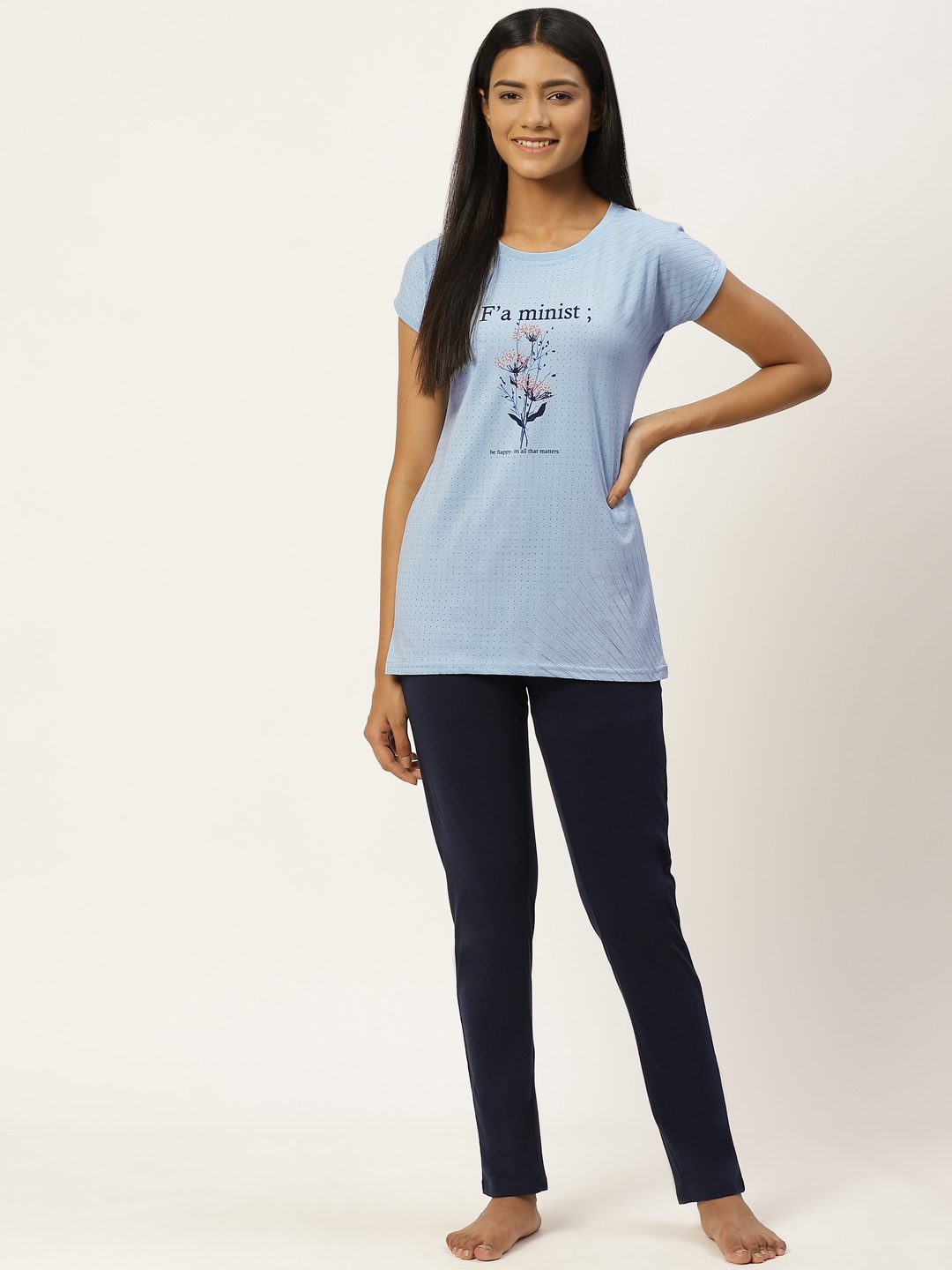 

BROOWL Women Blue & Navy Blue Printed Cotton Night suit