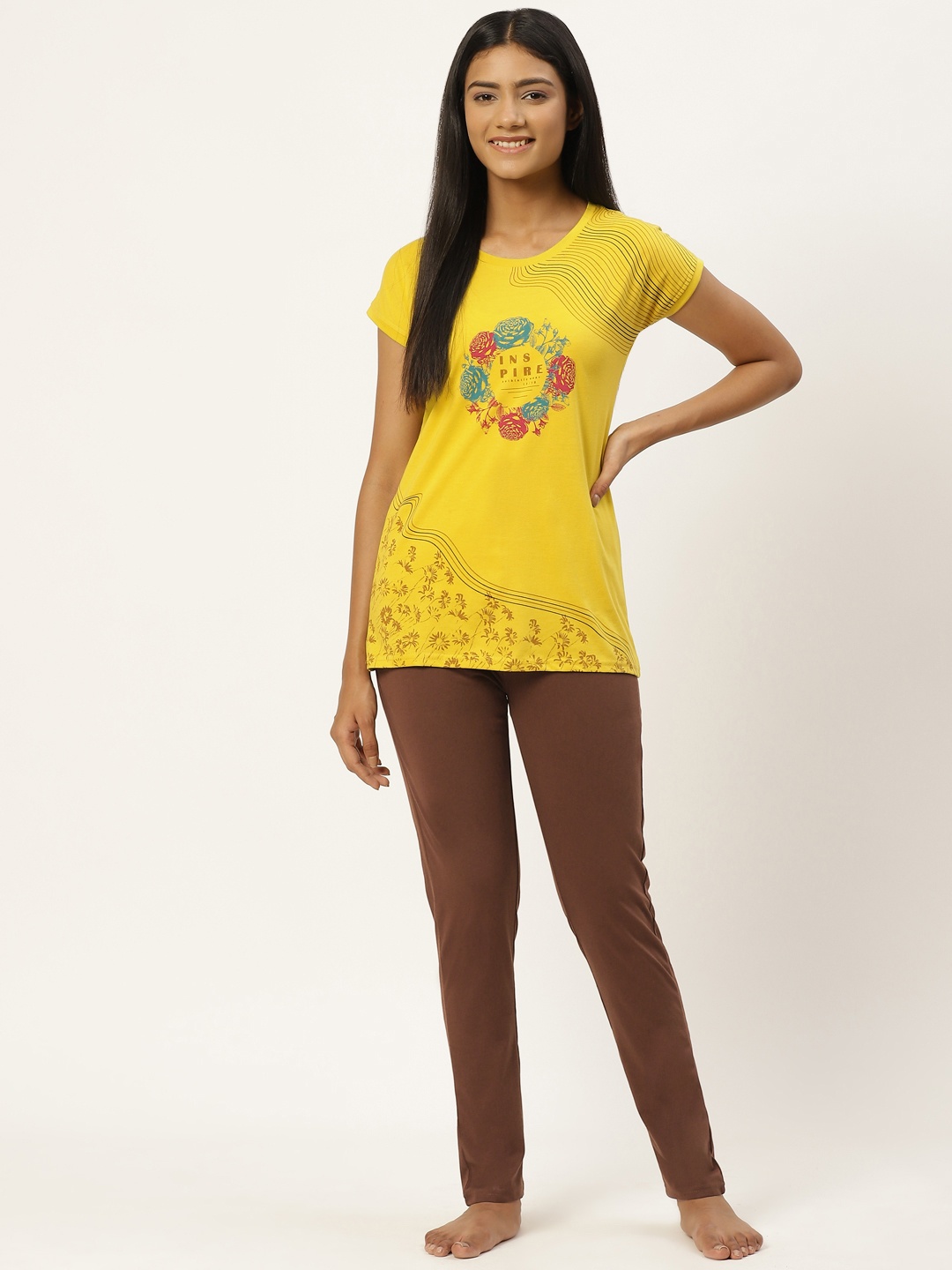 

BROOWL Women Mustard & Coffee Brown Printed Cotton Night suit