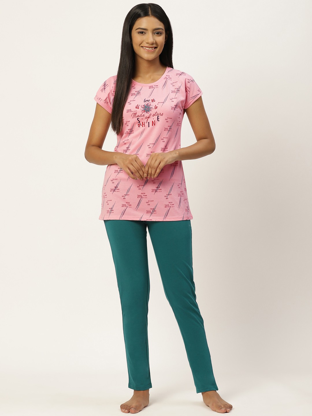 

BROOWL Women Pink & Teal Green Printed Pure Cotton Night suit