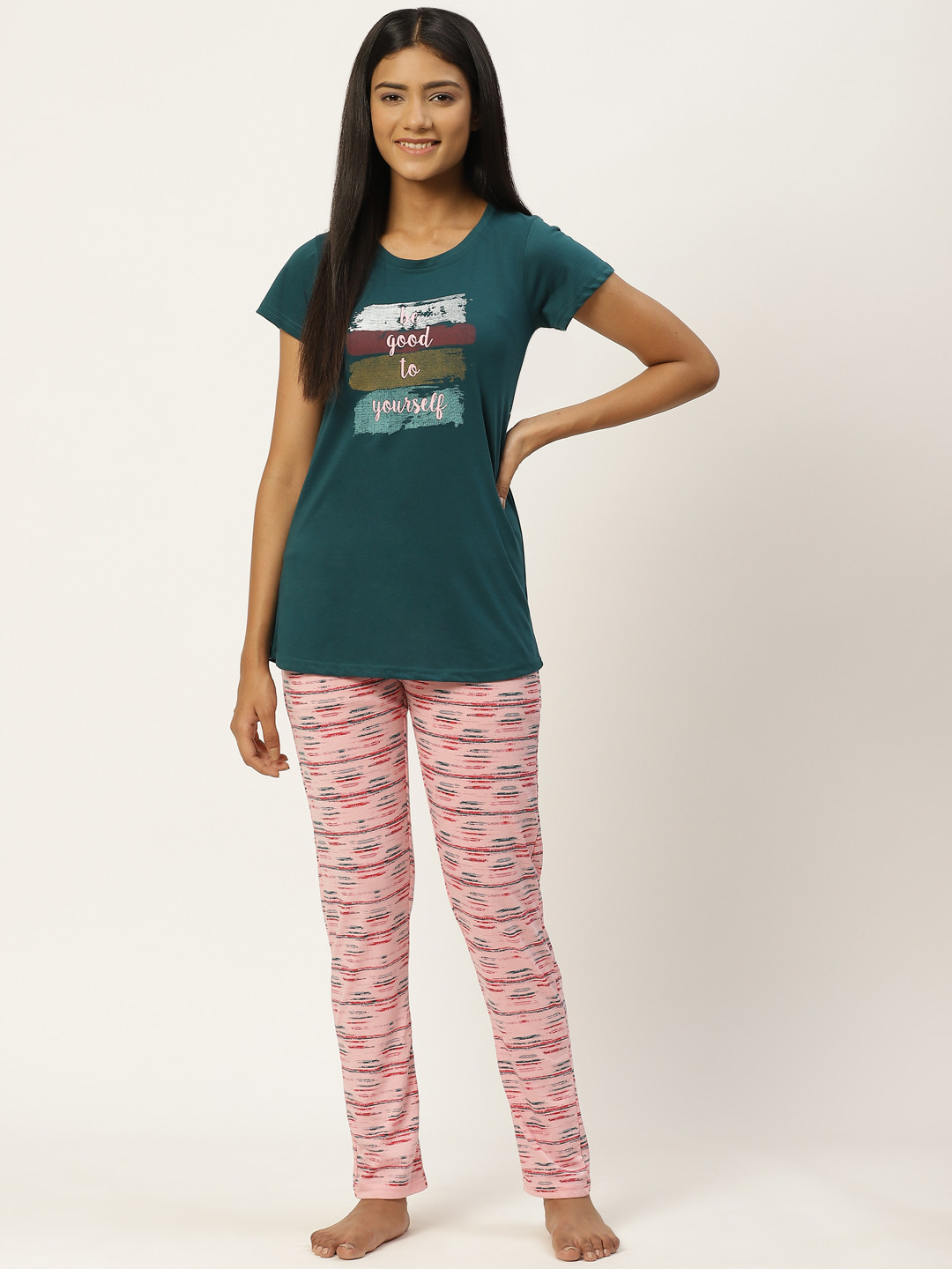 

BROOWL Women Teal Blue & Pink Printed Pure Cotton Night suit