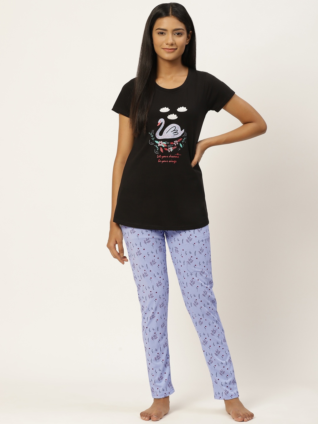 

BROOWL Women Black & Blue Printed Pure Cotton Night suit