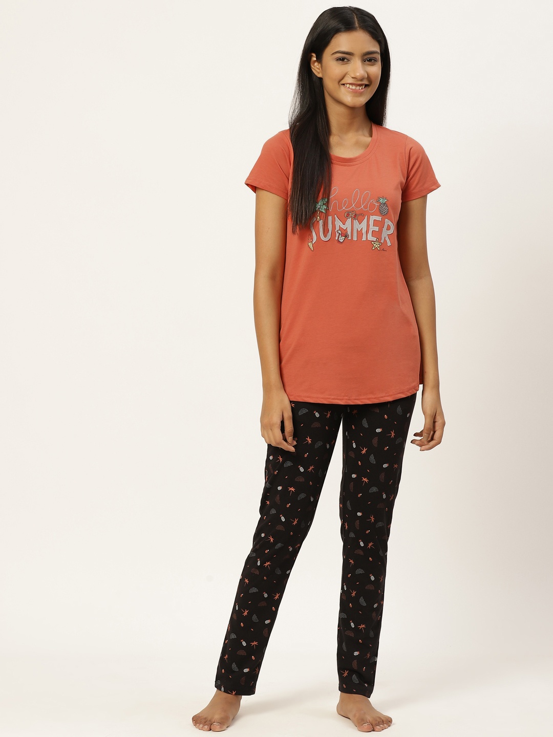 

BROOWL Women Rust Orange & Black Printed Pure Cotton Night suit