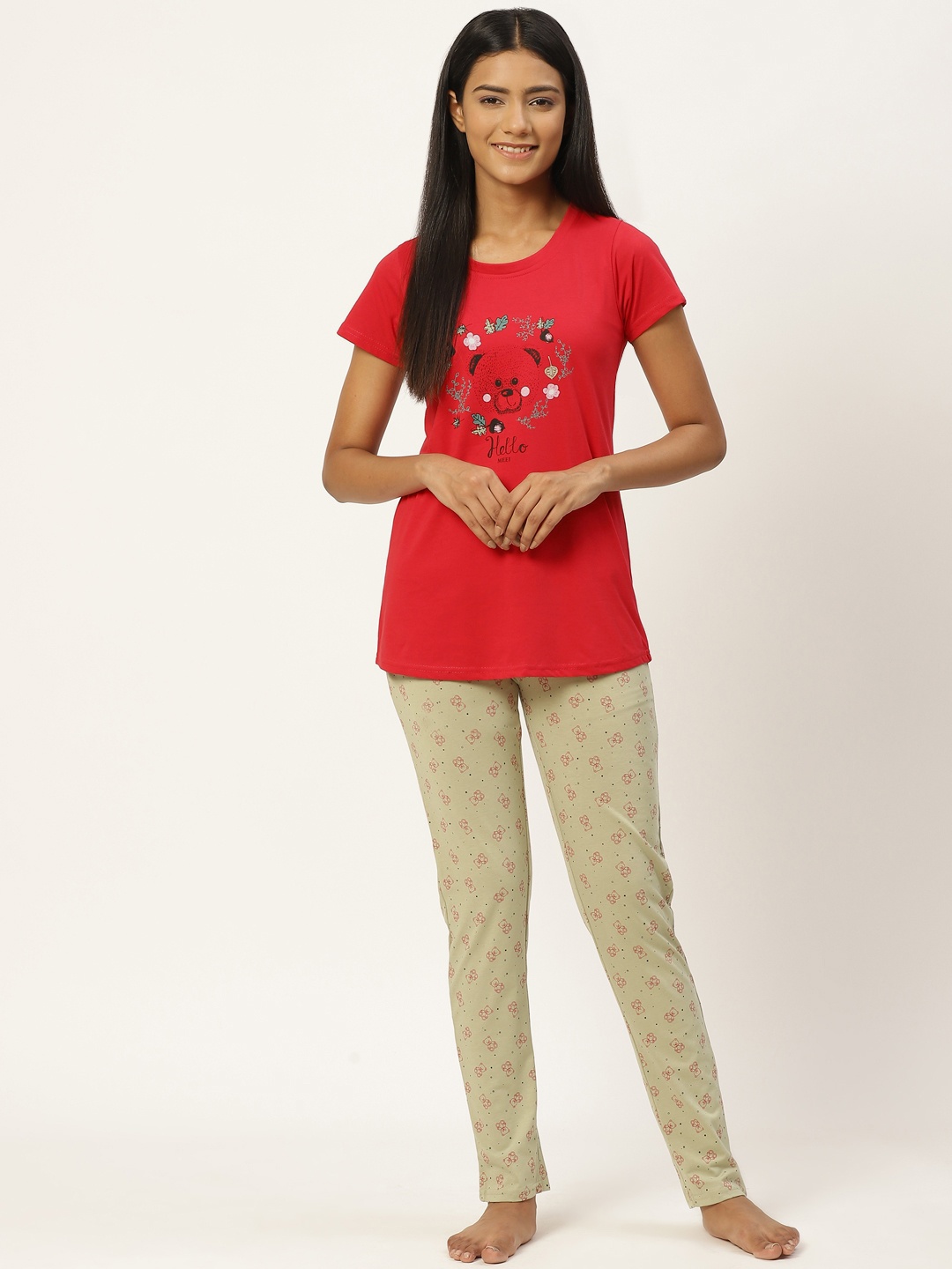 

BROOWL Women Red & Taupe Printed Pure Cotton Night suit