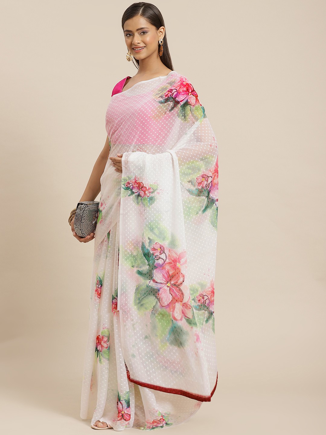 

Silk Land White & Pink Floral Chiffon Saree