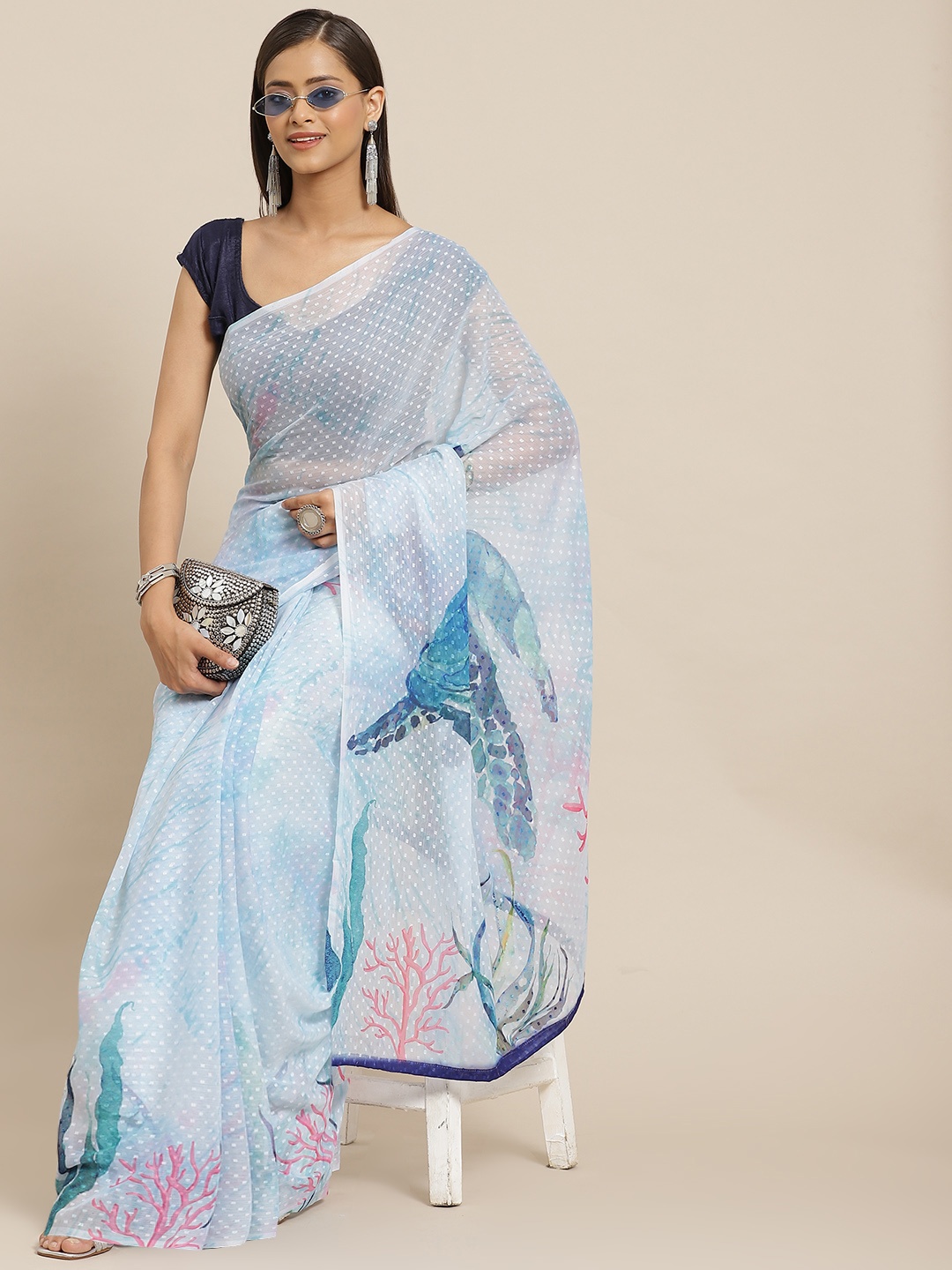 

Silk Land Blue Conversational Printed Chiffon Saree