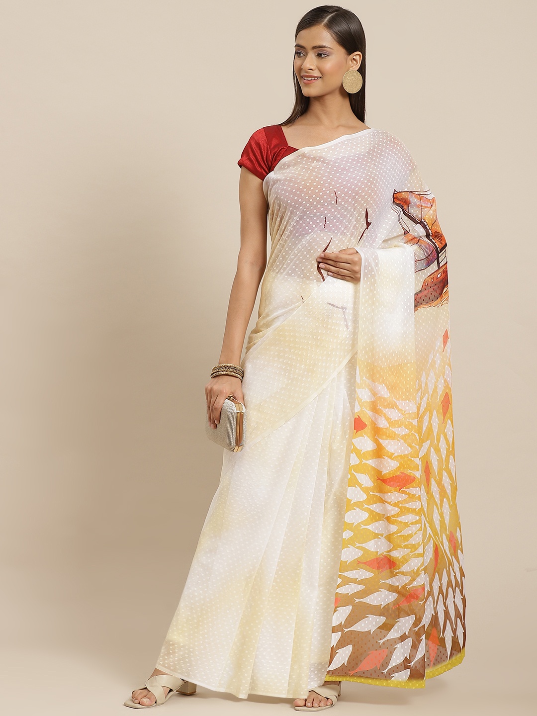 

Silk Land Yellow & White Printed Chiffon Saree