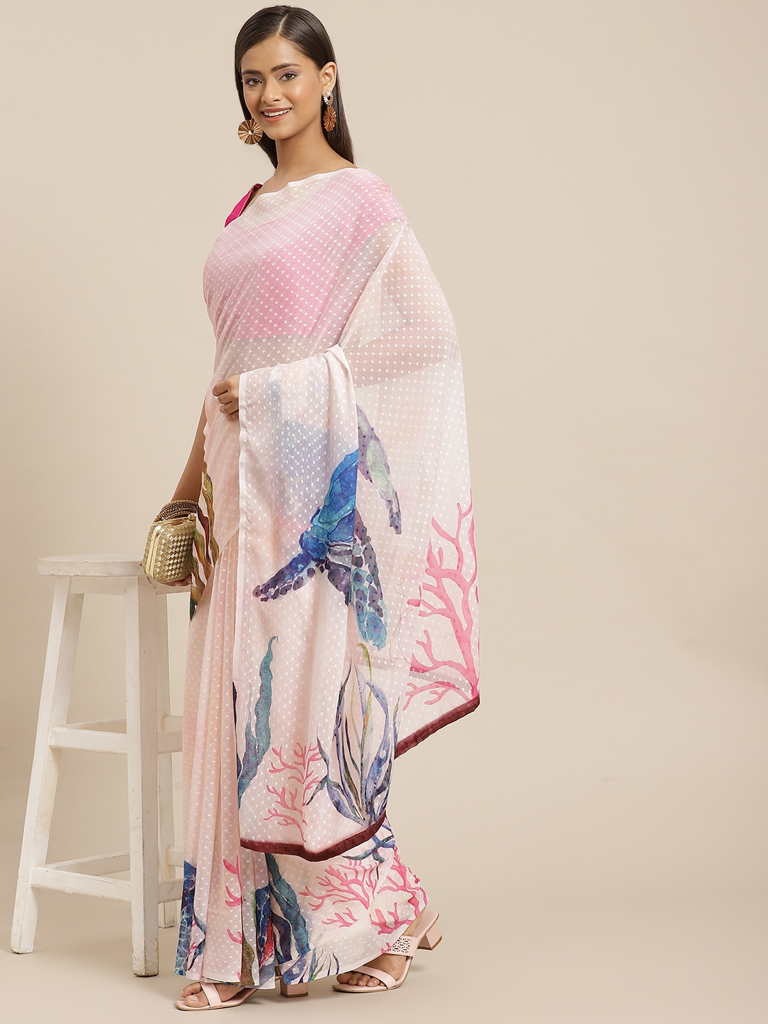 

Silk Land Pink & Blue Conversational Printed Chiffon Saree