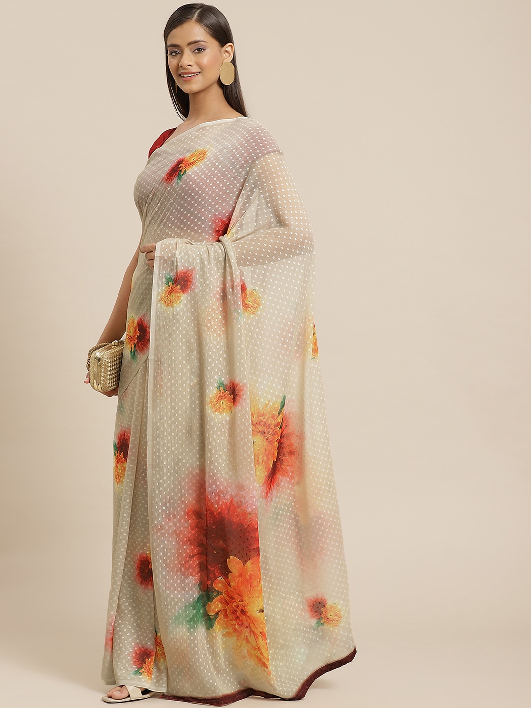 

Silk Land Beige & Coral Red Floral Printed Chiffon Saree