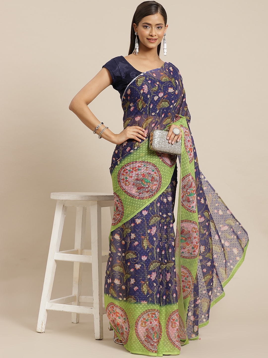 

Silk Land Blue & Fluorescent Green Kalamkari Saree