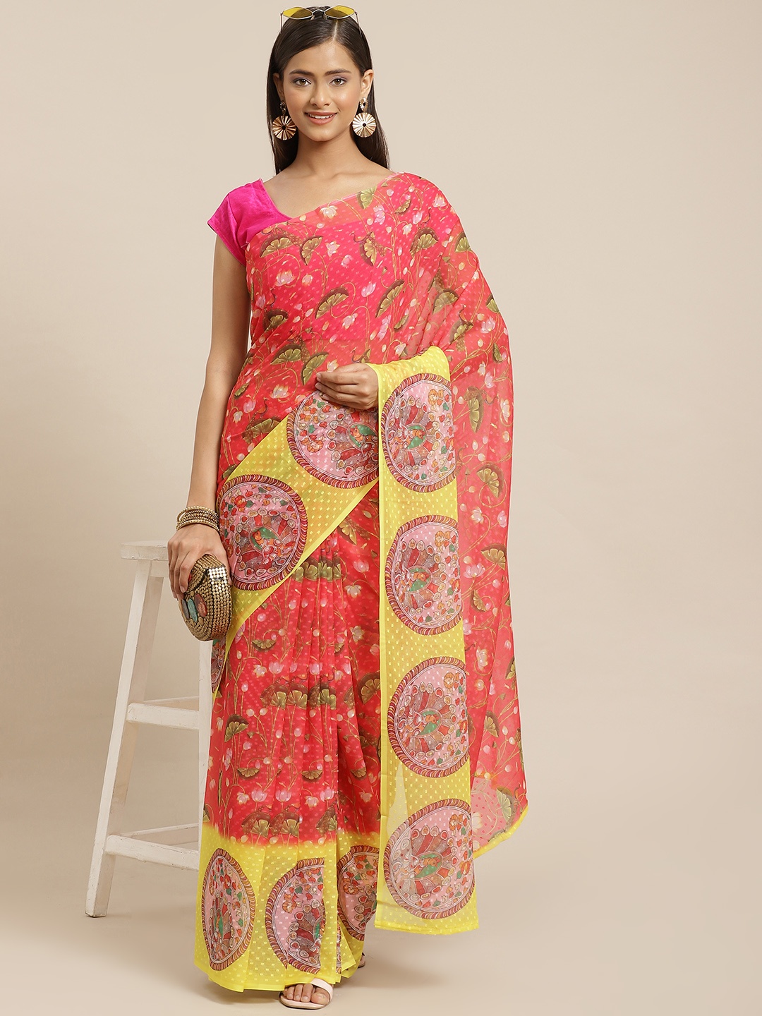 

Silk Land Coral & Yellow Kalamkari Chiffon Saree