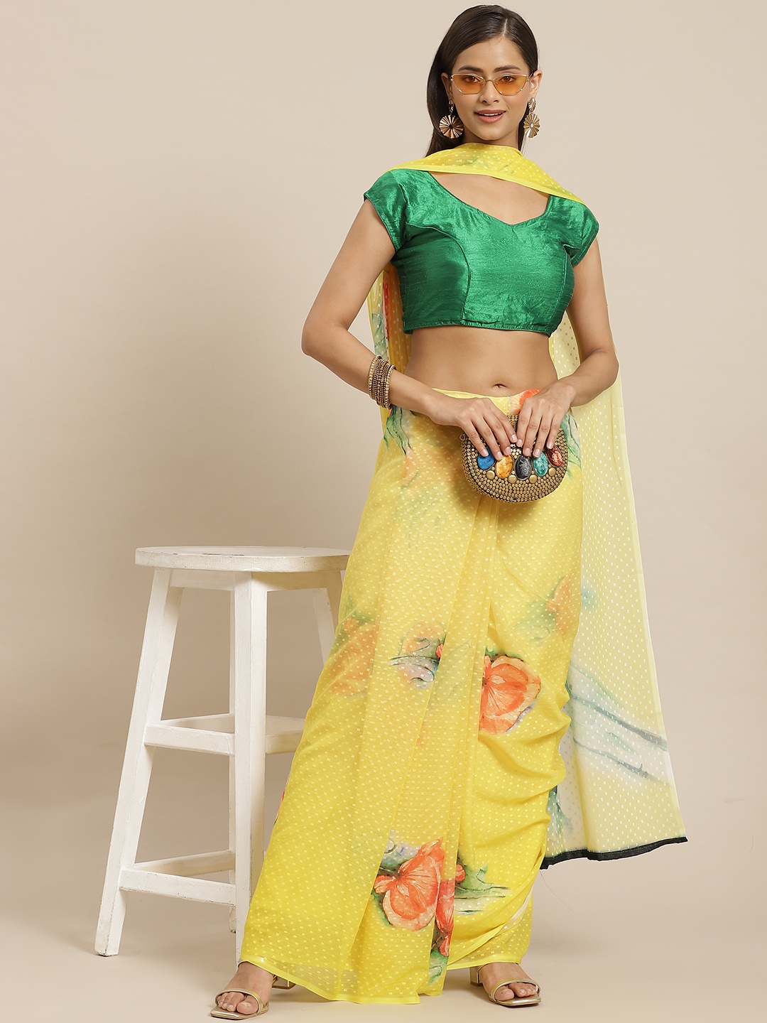 

Silk Land Yellow & Coral Red Floral Printed Chiffon Saree