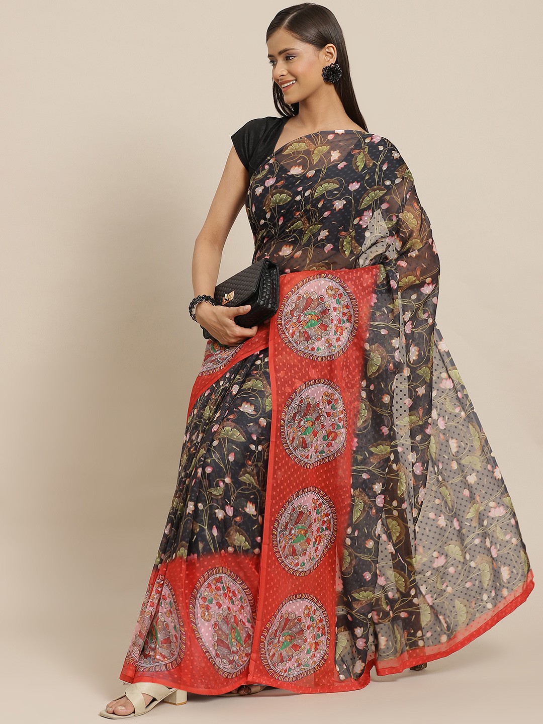 

Silk Land Black & Coral Red Kalamkari Chiffon Saree