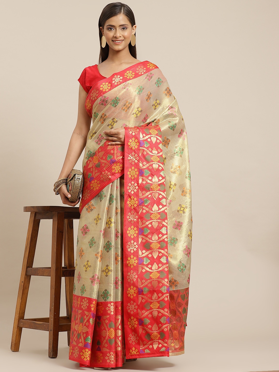 

Silk Land Gold-Toned & Coral Ethnic Motifs Zari Saree