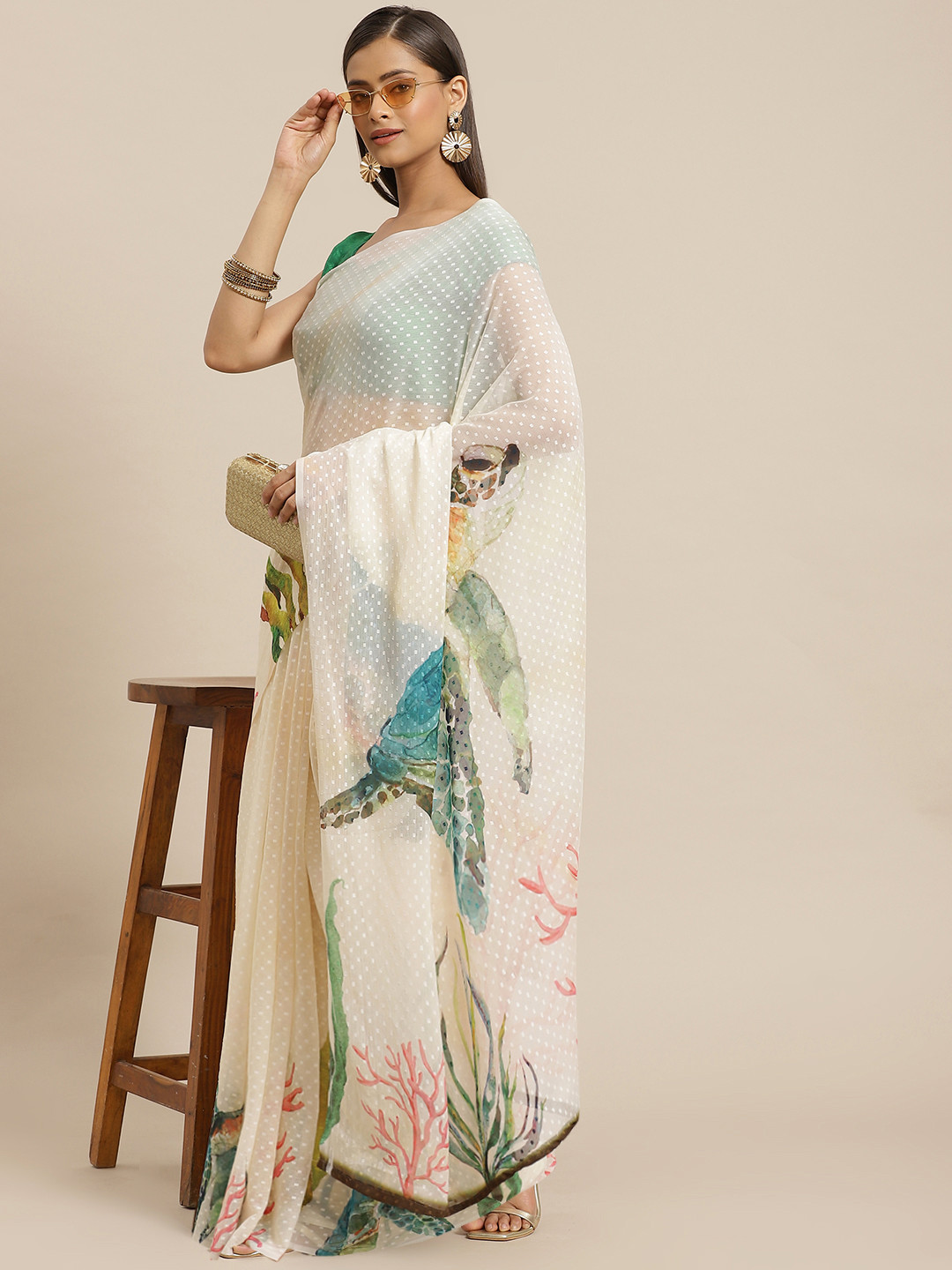 

Silk Land Beige Woven Design Chiffon Saree