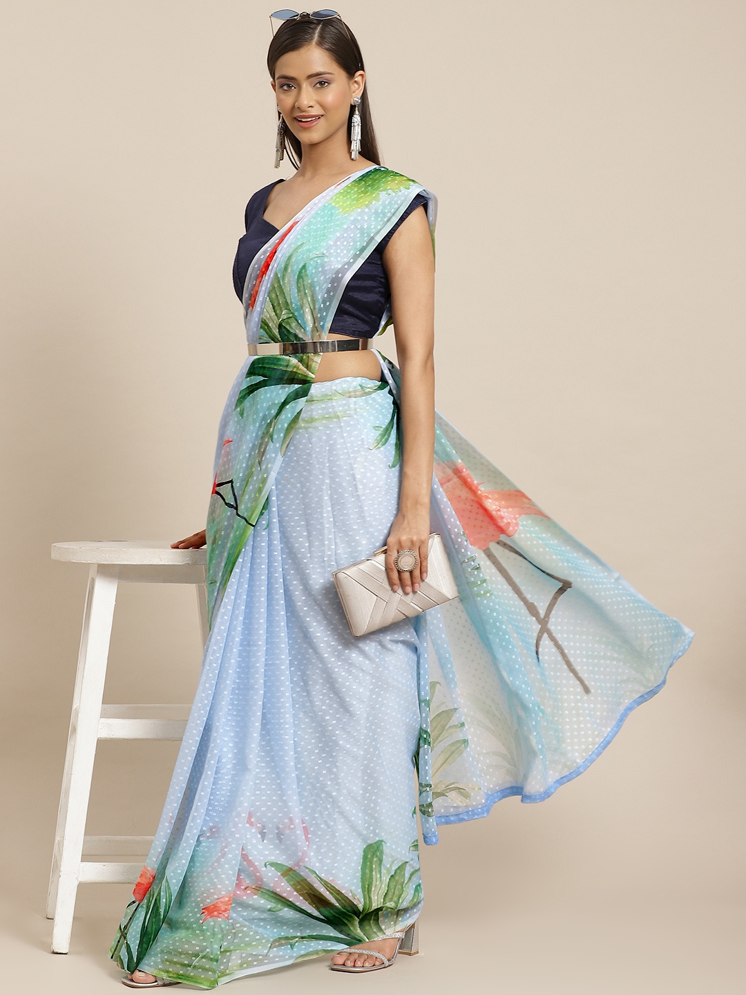 

Silk Land Blue & Coral Conversational Printed Chiffon Saree