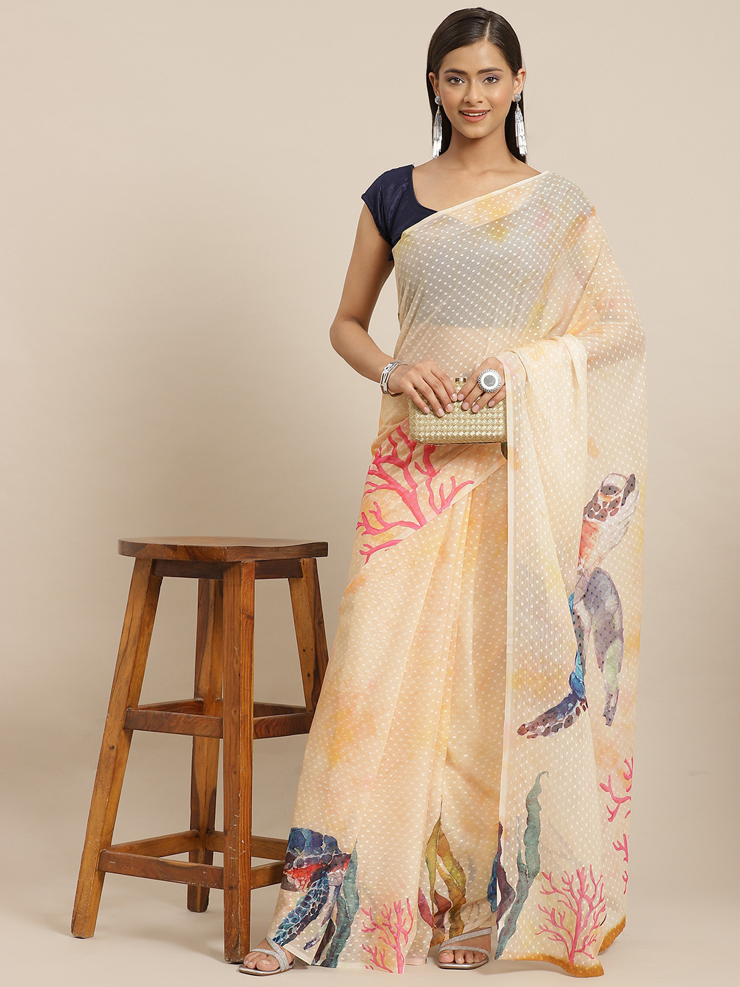 

Silk Land Cream-Coloured & Blue Conversational Printed Chiffon Saree
