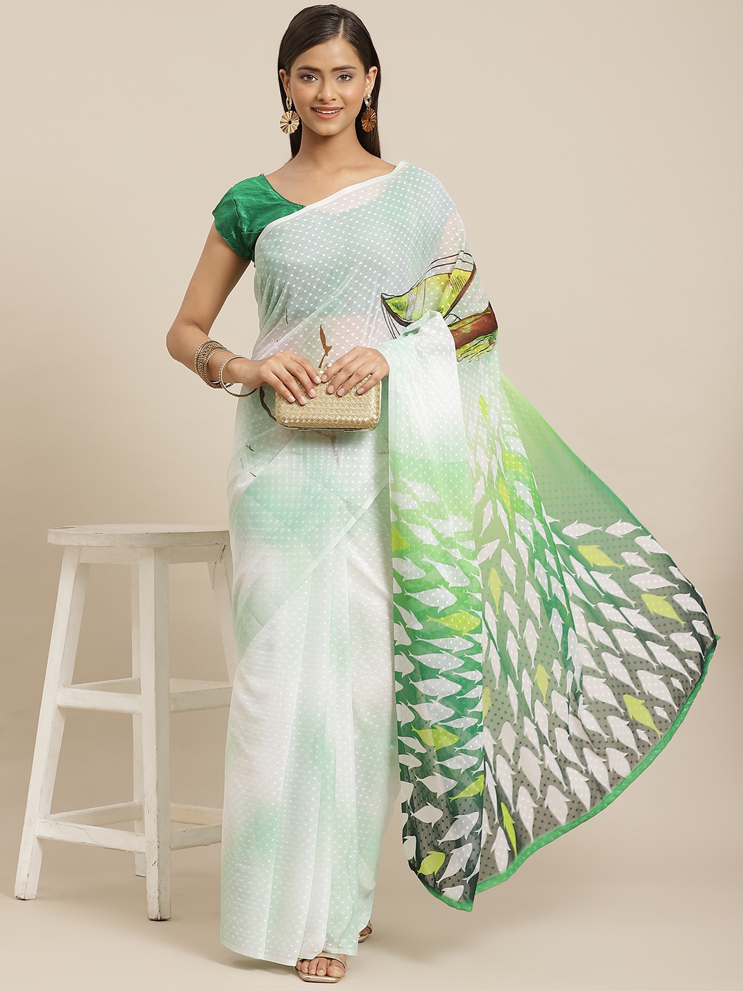 

Silk Land White & Green Conversational Printed Chiffon Saree