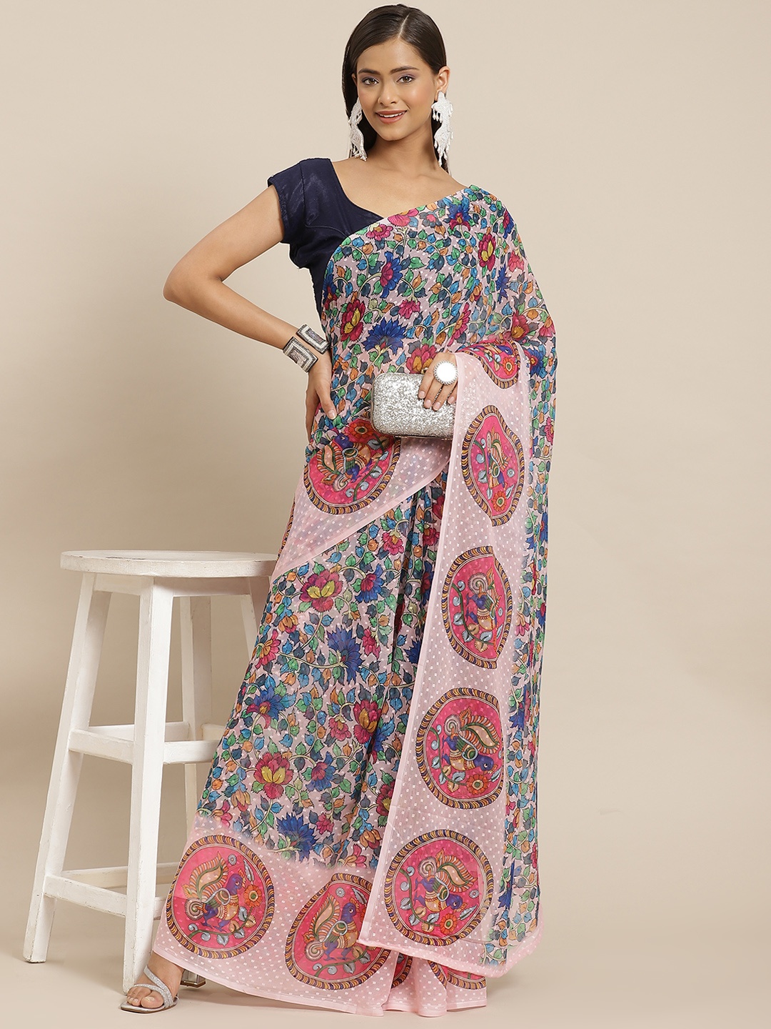

Silk Land Pink & Blue Ethnic Motifs Chiffon Saree