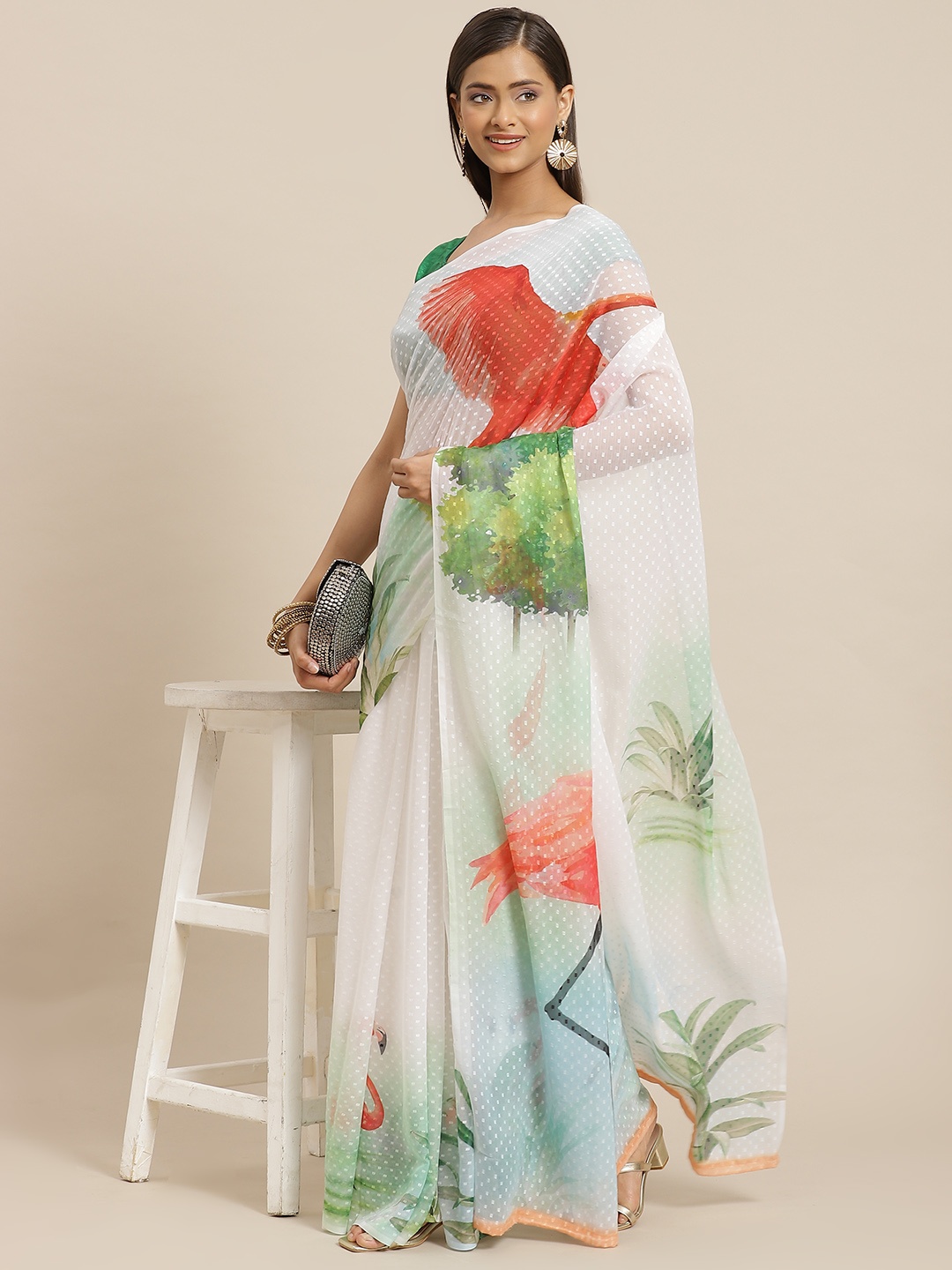 

Silk Land White & Coral Conversational Printed Chiffon Saree