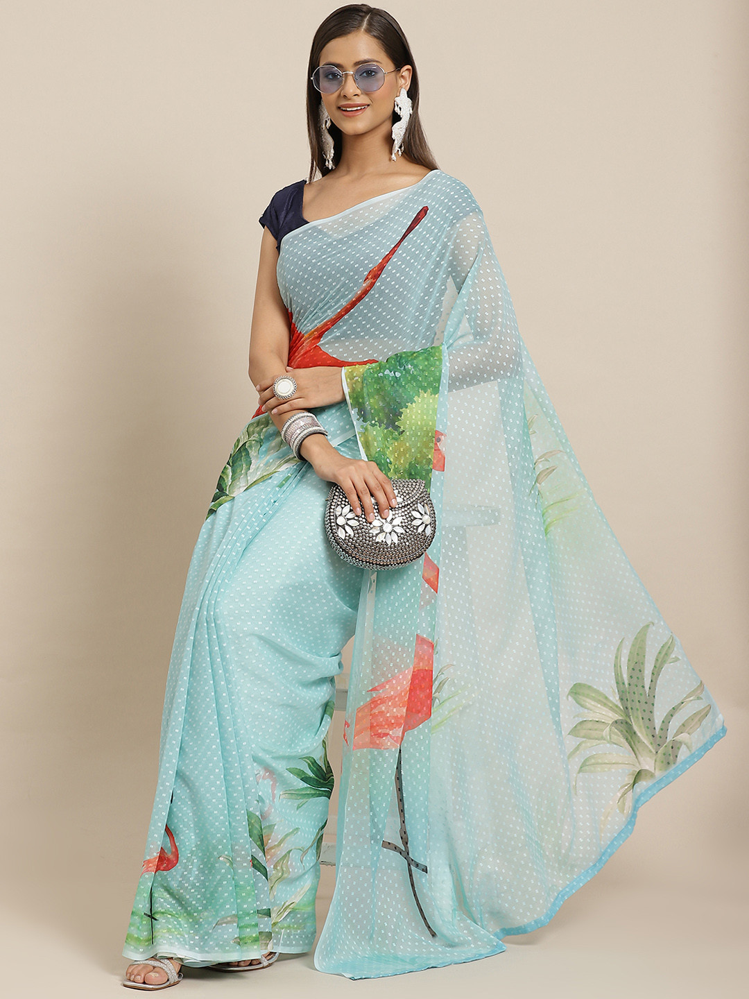 

Silk Land Blue Conversational Printed Chiffon Saree