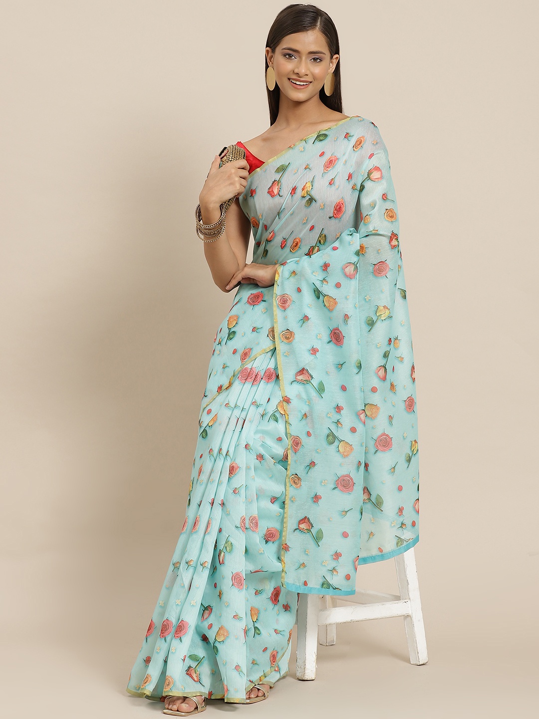 

Silk Land Turquoise Blue & Pink Floral Organza Chanderi Saree