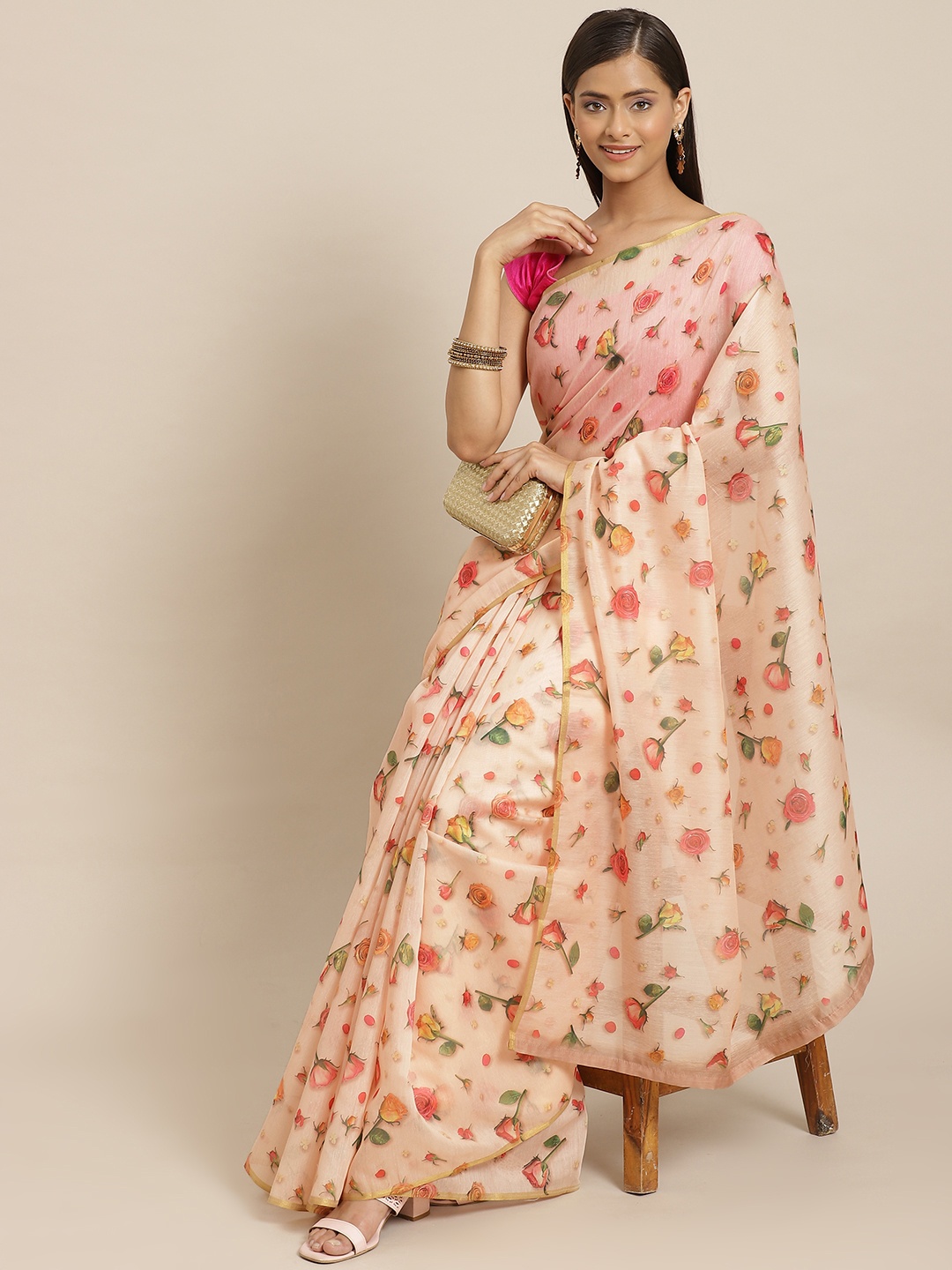 

Silk Land Peach-Coloured & Pink Floral Zari Organza Chanderi Saree