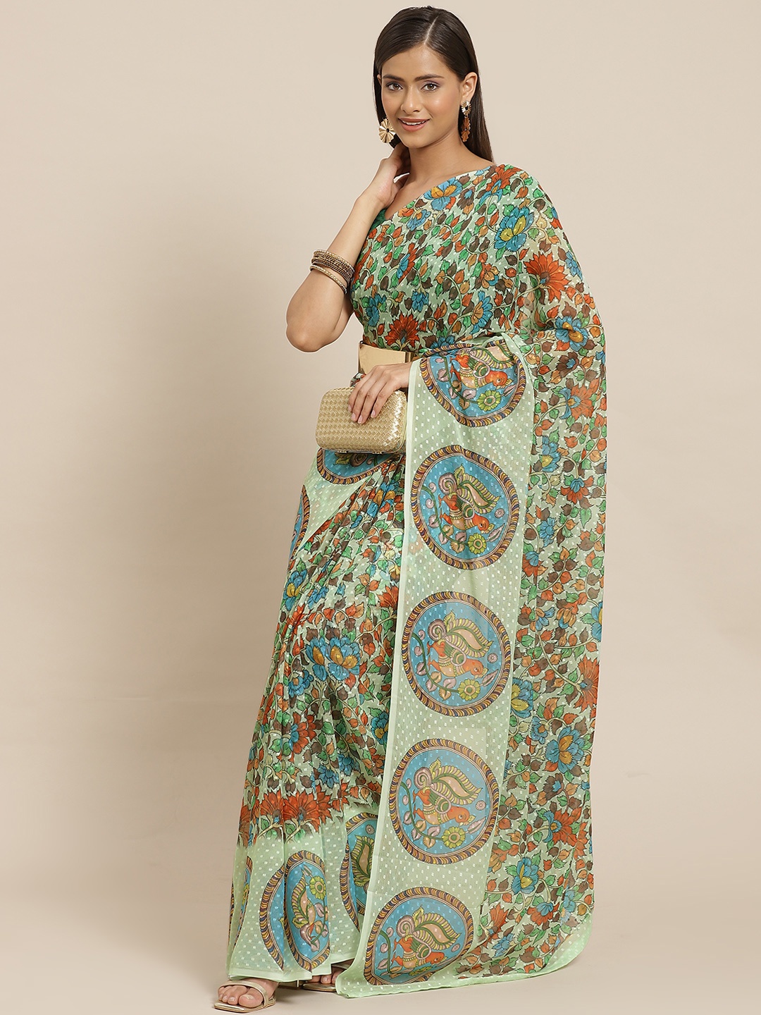 

Silk Land Sea Green & Blue Kalamkari Chiffon Saree