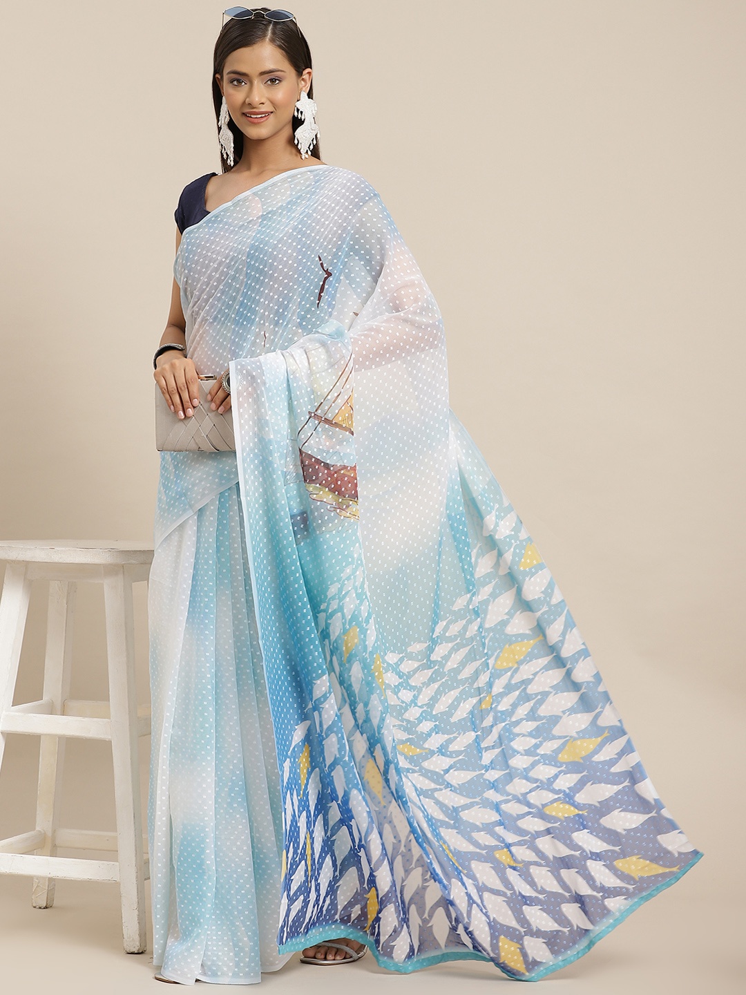 

Silk Land Blue & White Conversational Printed Chiffon Saree