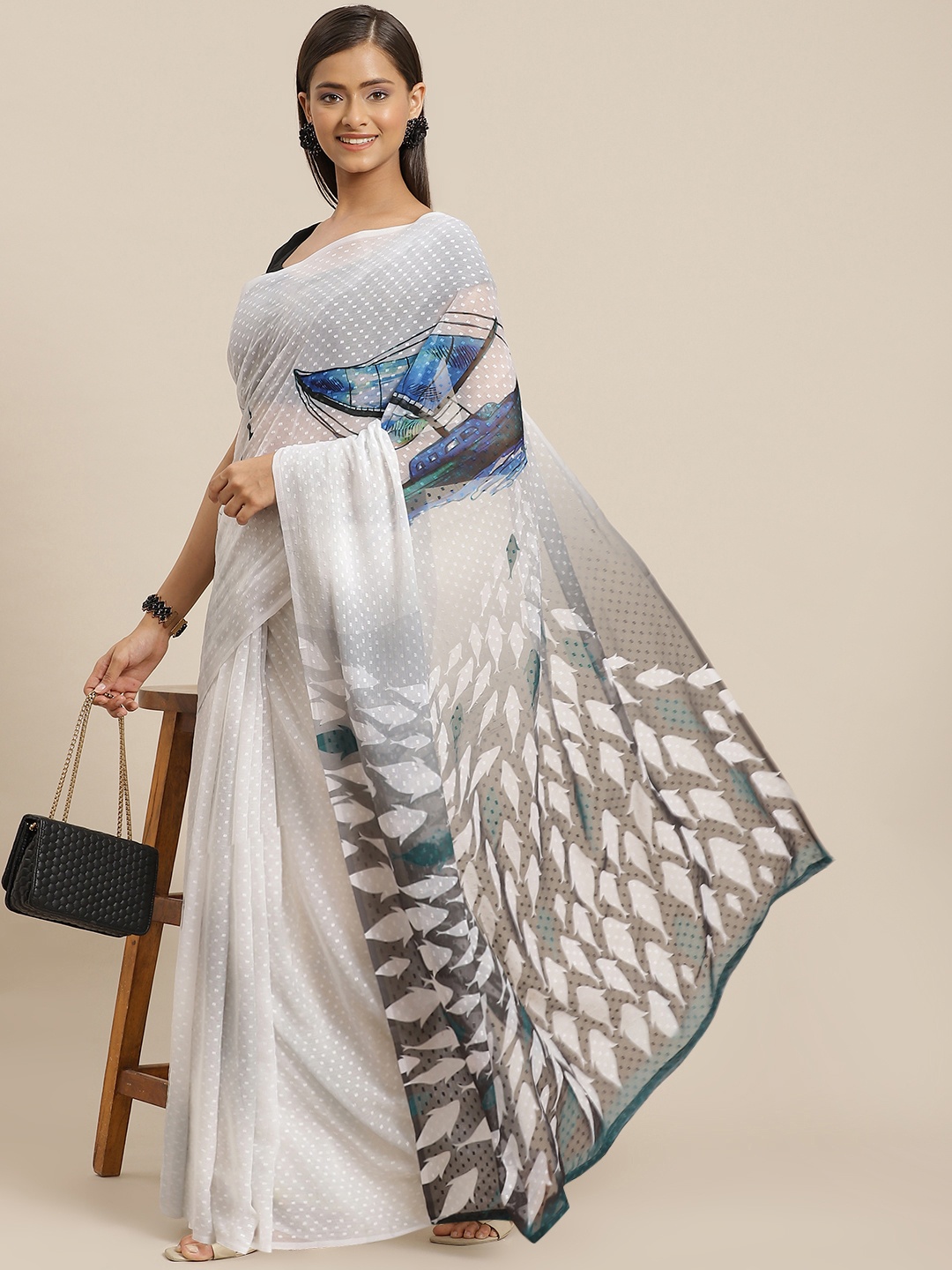 

Silk Land White & Teal Conversational Print Chiffon Saree
