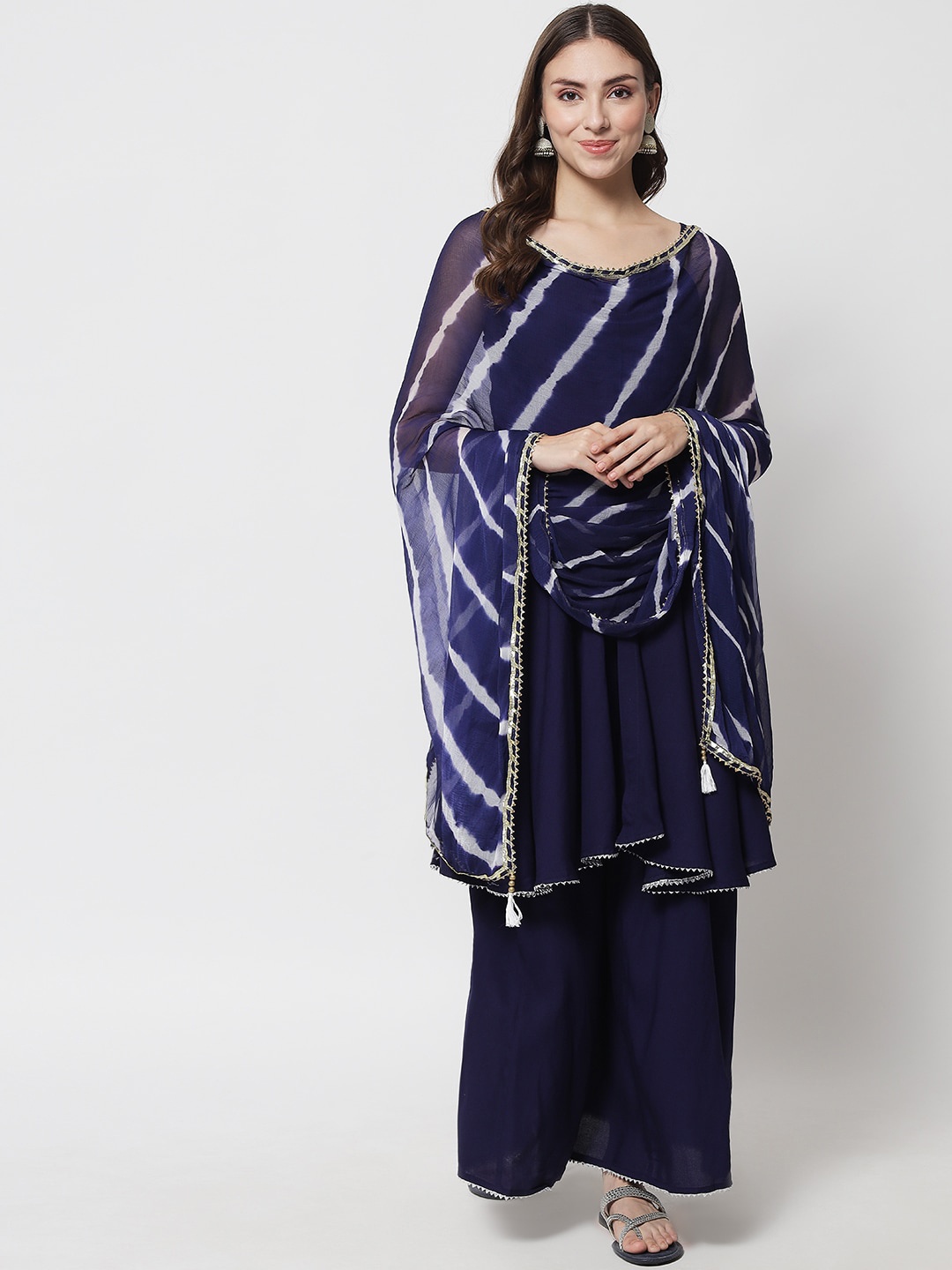 

IkDaiya Women Blue Embroidered Layered Kurta with Palazzos & With Dupatta