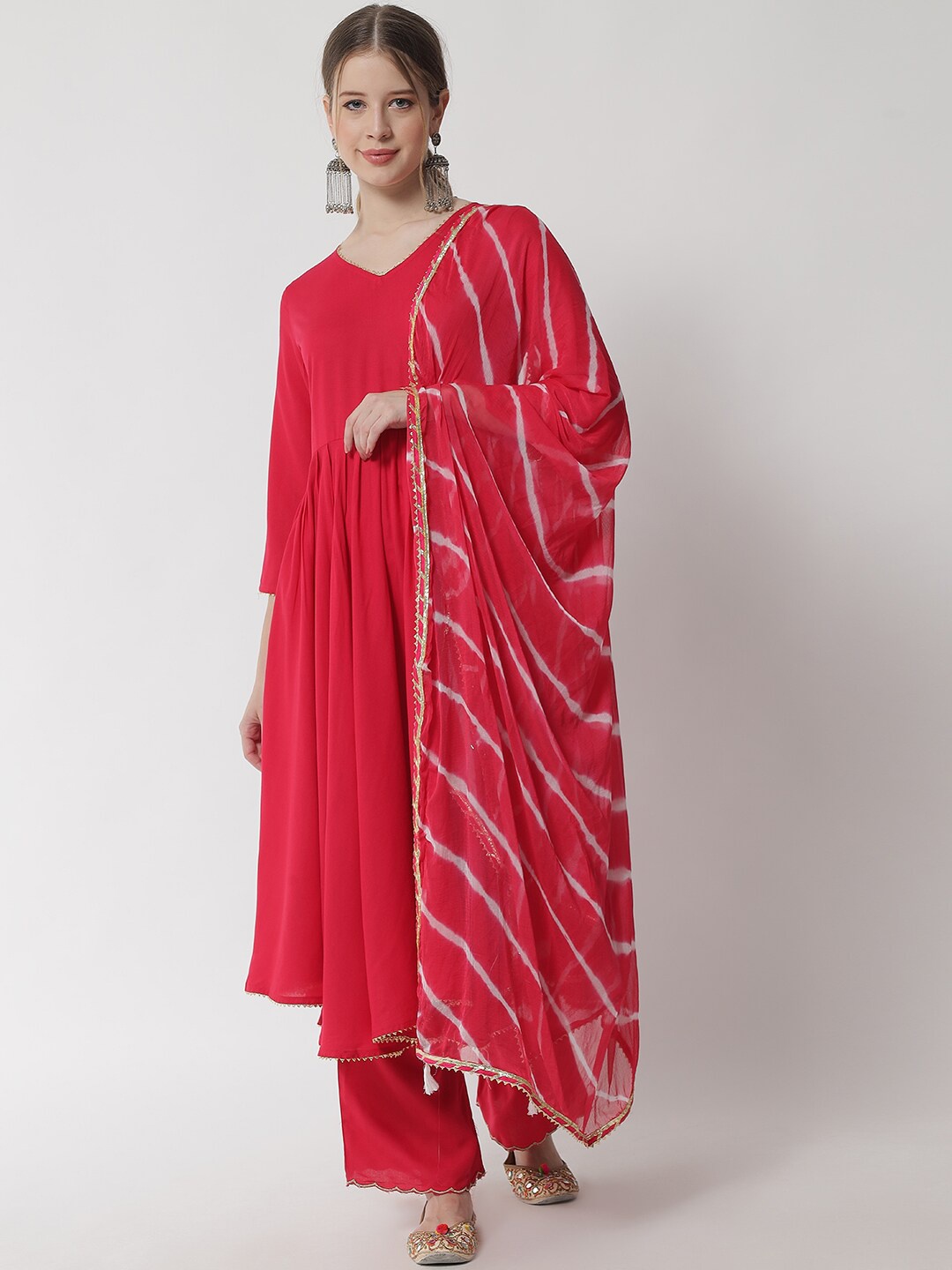 

IkDaiya Women Red Panelled Kurta with Trousers & With Dupatta