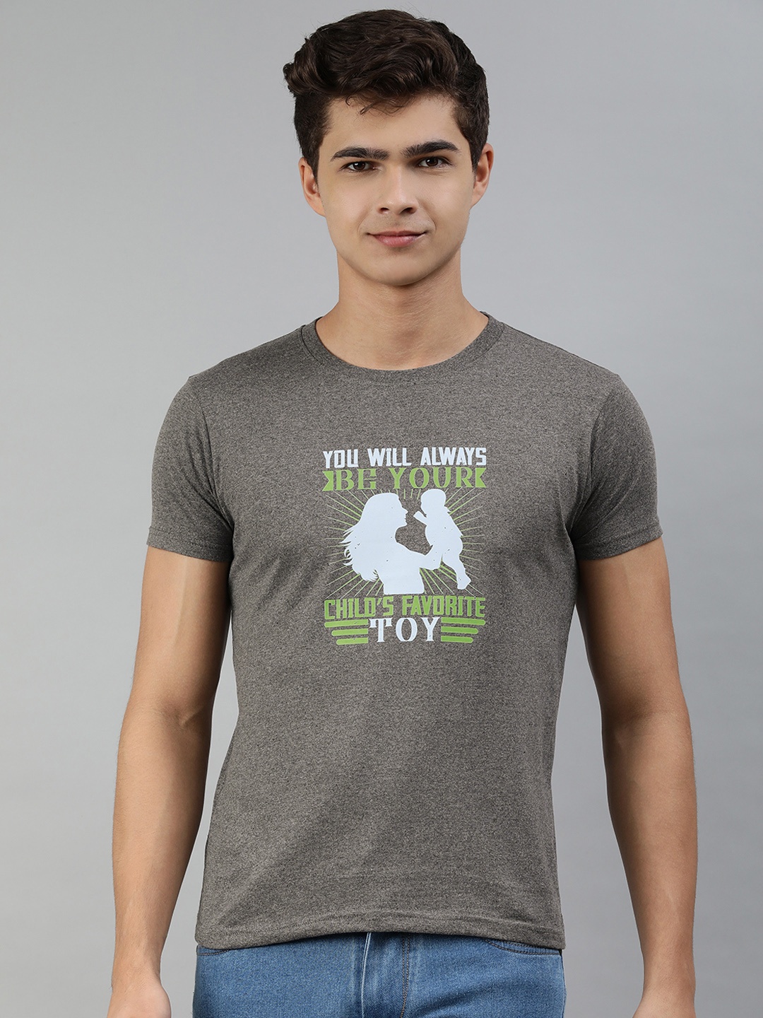 

Jolie robe Men Charcoal Grey & Green Graphic Printed Cotton T-shirt