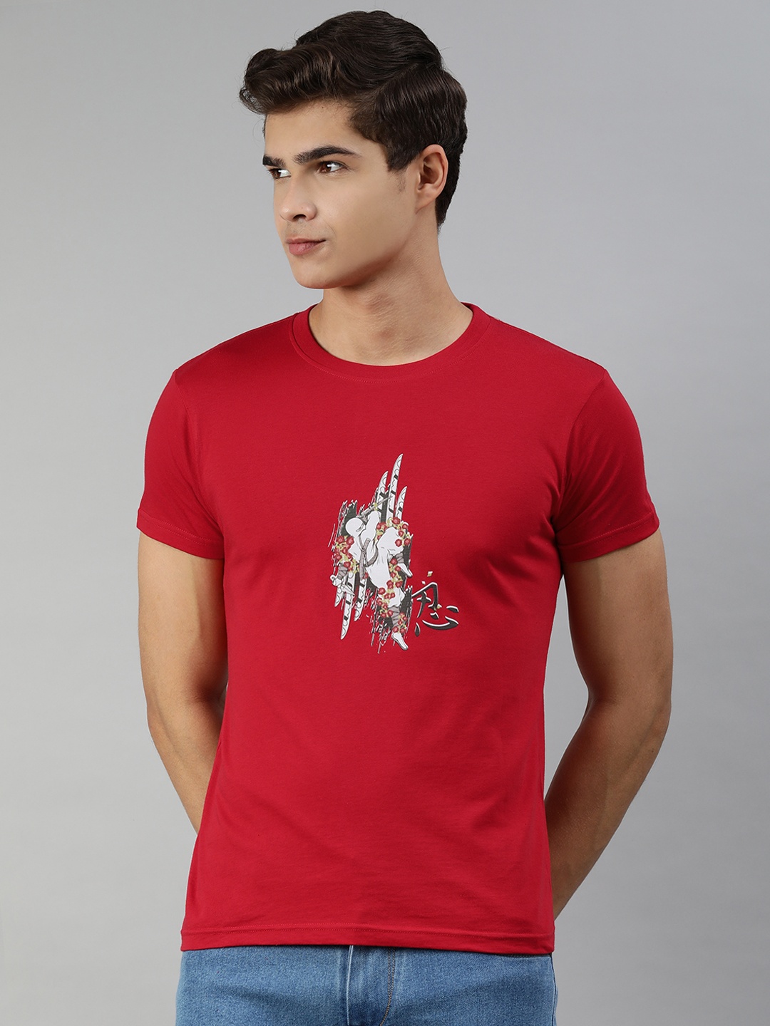 

Jolie robe Men Red & White Printed Pure Cotton T-shirt