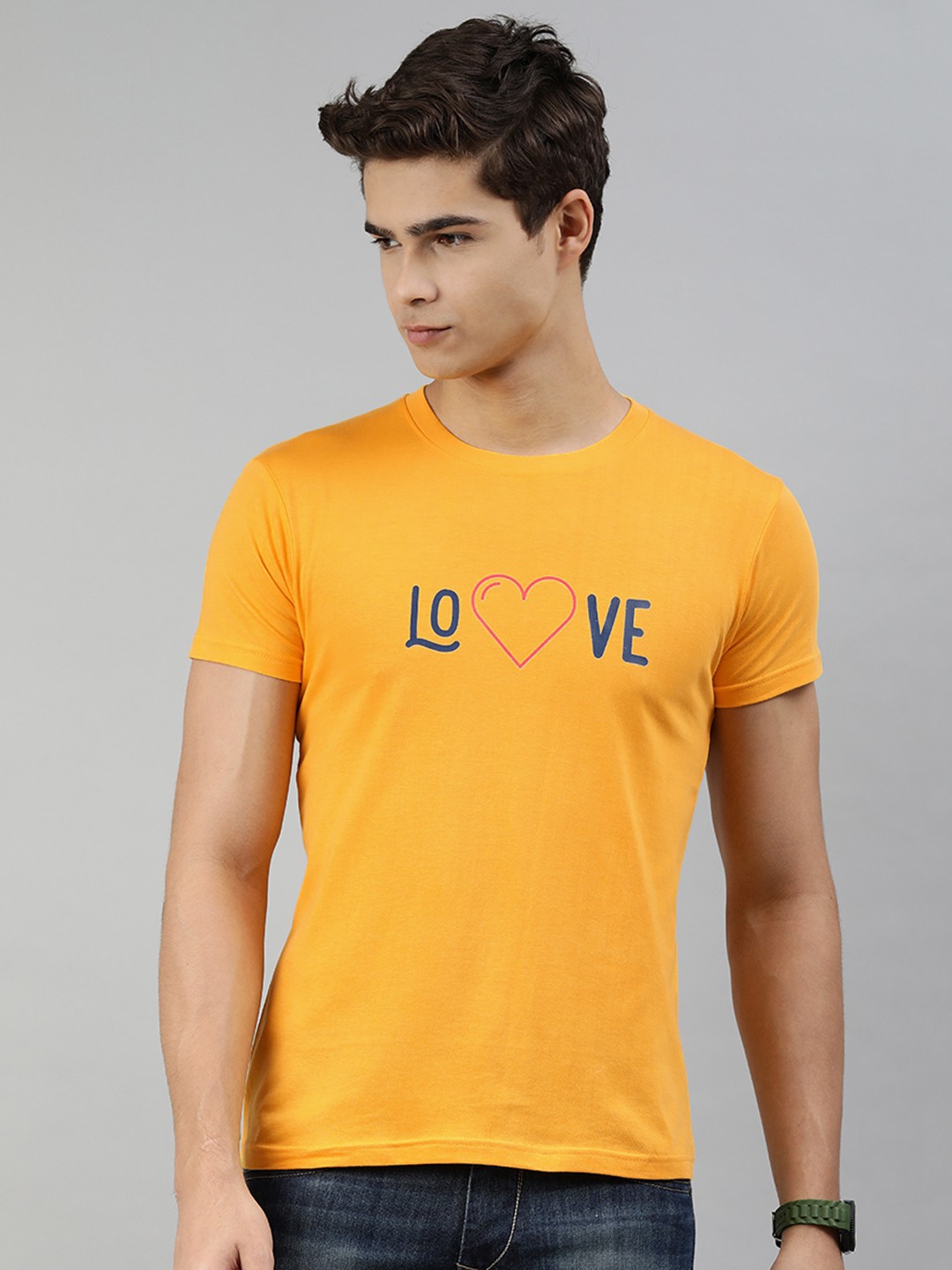

Jolie robe Men Mustard Yellow Typography Printed Pure Cotton T-shirt