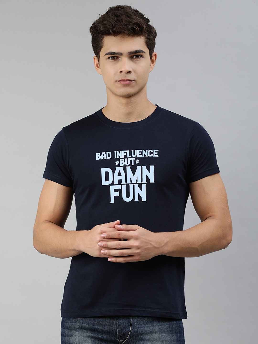 

Jolie robe Men Navy Blue Typography Printed Pure Cotton T-shirt