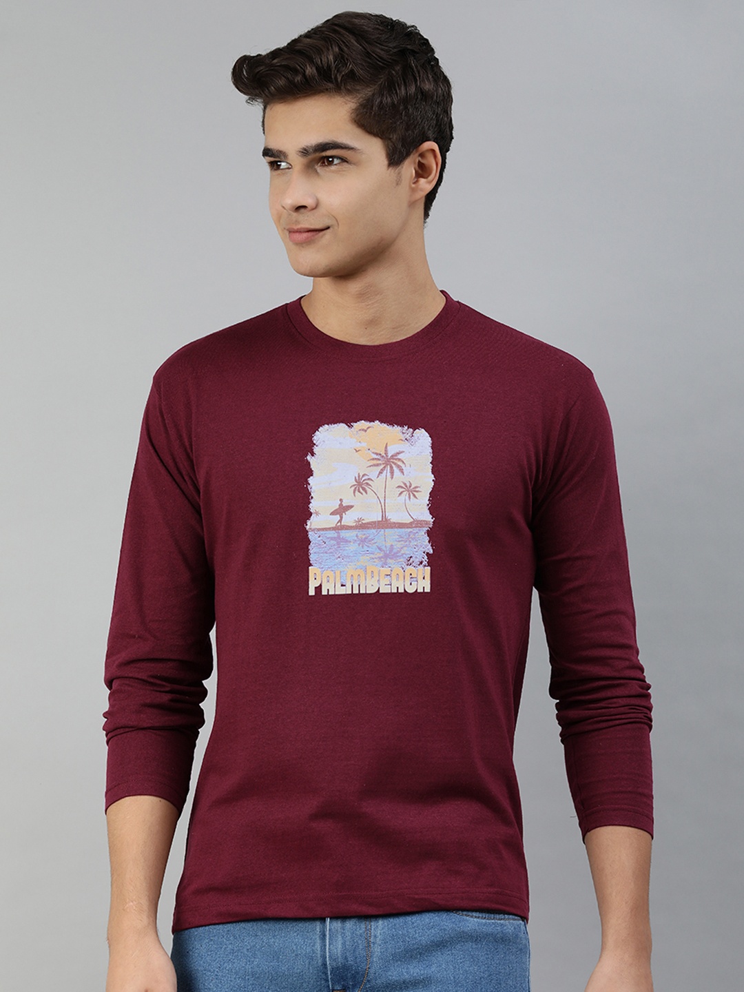 

Jolie robe Men Burgundy & Blue Printed Pure Cotton T-shirt