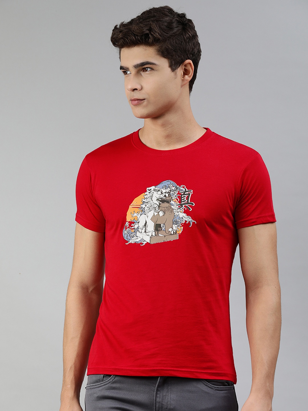 

Jolie robe Men Red & Black Printed Pure Cotton T-shirt