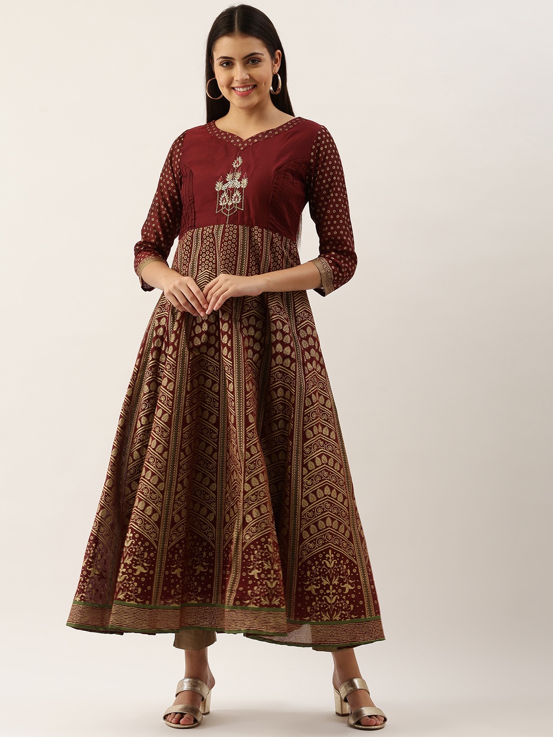 

Saanjh Women Maroon & Golden Ethnic Motifs Print Cotton Anarkali Kurta