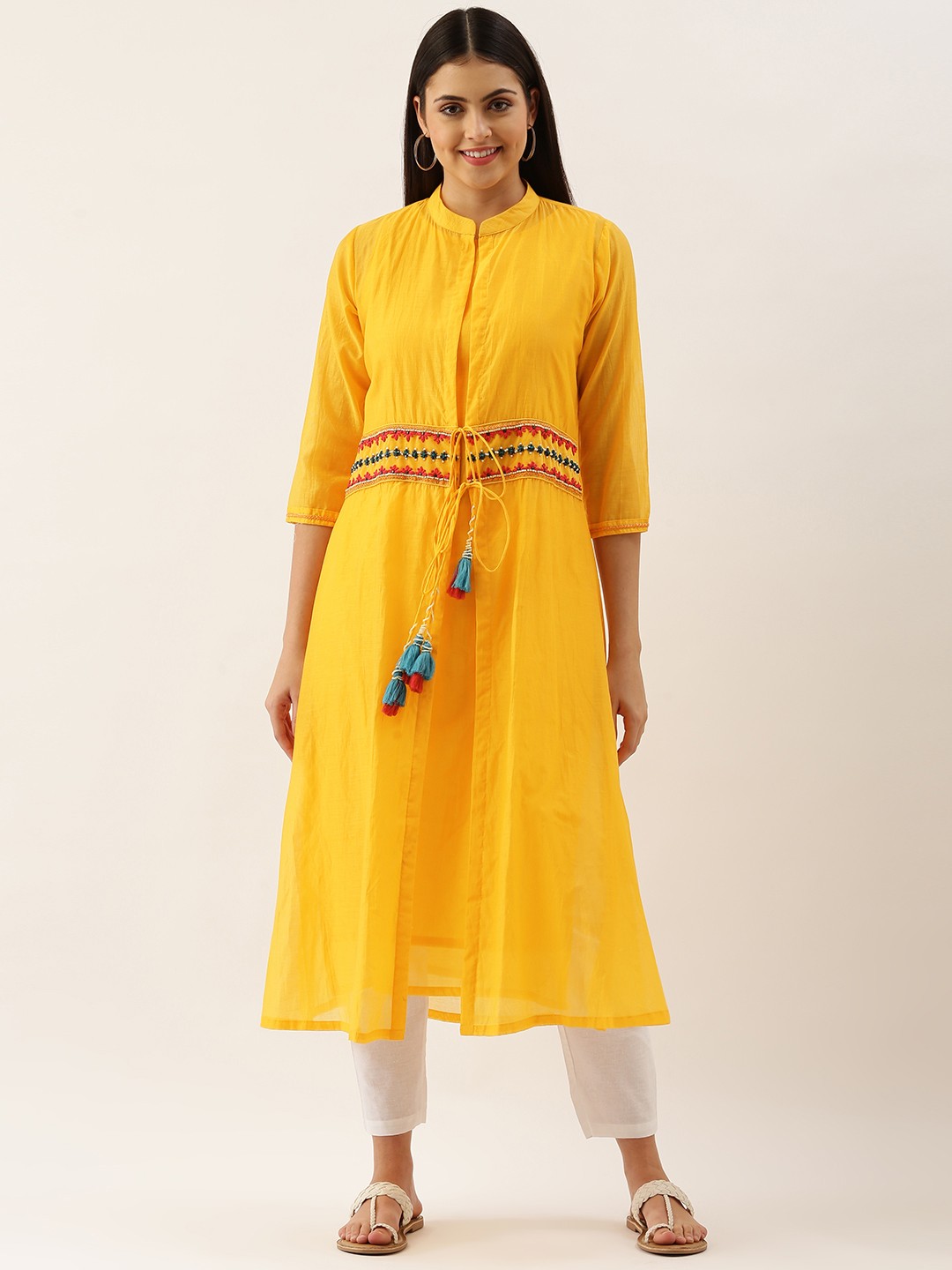 

Saanjh Women Yellow Solid Chanderi Silk Kurta with Longline Jacket