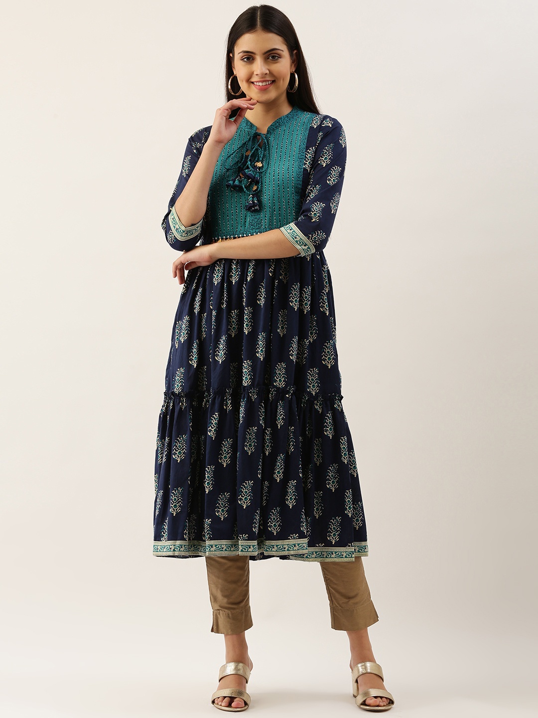 

Saanjh Women Navy Blue Ethnic Motifs Printed Kurta