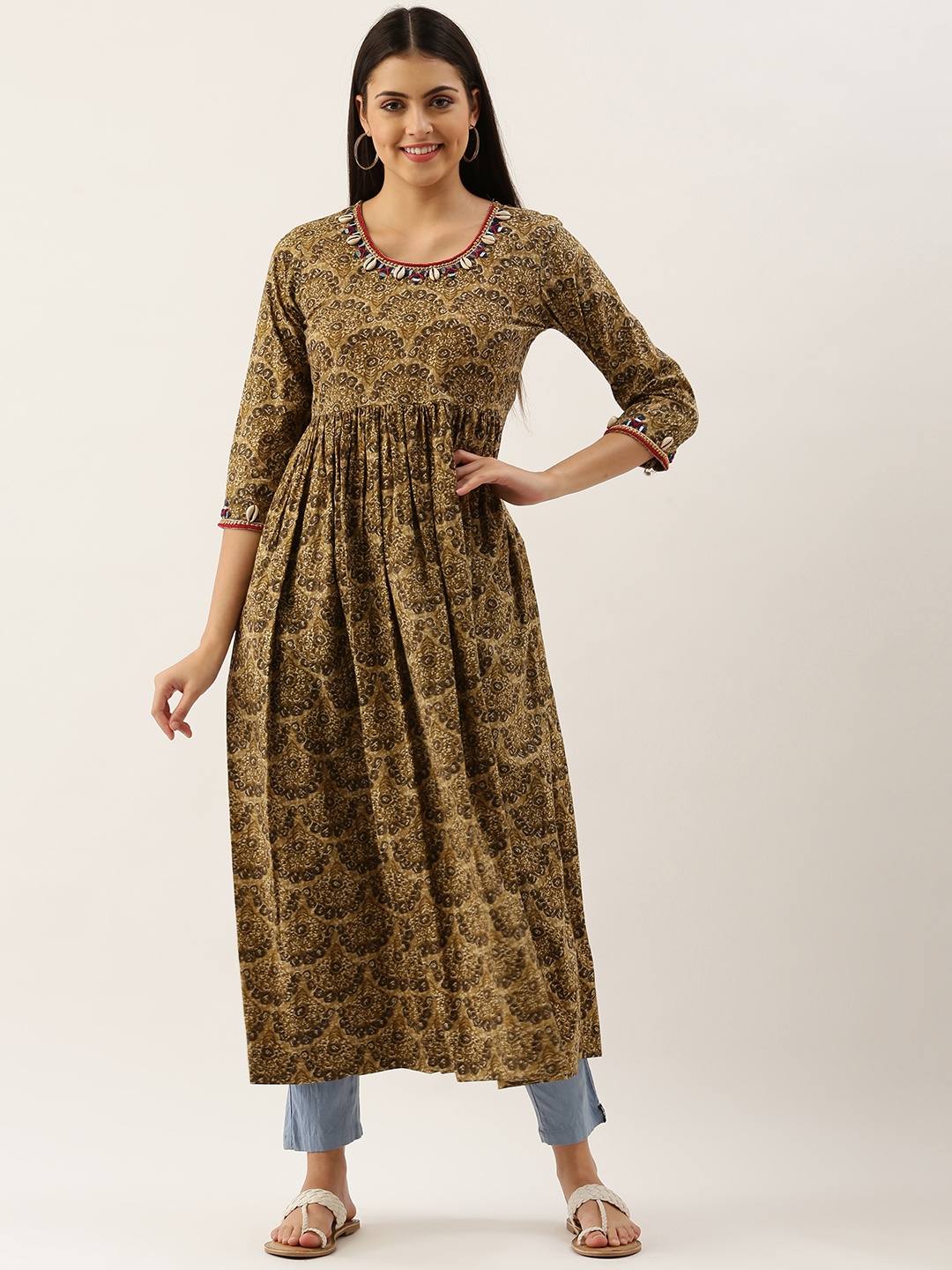 

Saanjh Women Olive Green & Beige Ethnic Motifs Printed Mirror Work Anarkali Kurta